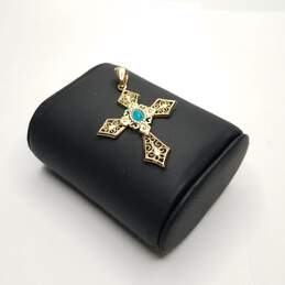 Itaor - Vintage Gold Over 925 Turquoise Gothic Christian Cross Pendant 6.0g