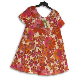 NWT Trina Turk Womens Orange Pink Floral V-Neck Short Sleeve Mini Dress Size L