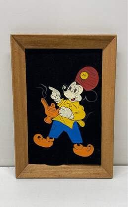 Hand Painted Mickey Mouse with Genie Lamp On Velvet 1970 Vintage Framed