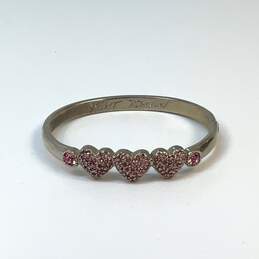Designer Betsey Johnson Silver-Tone Pink Rhinestone Heart Hinged Bangle Bracelet