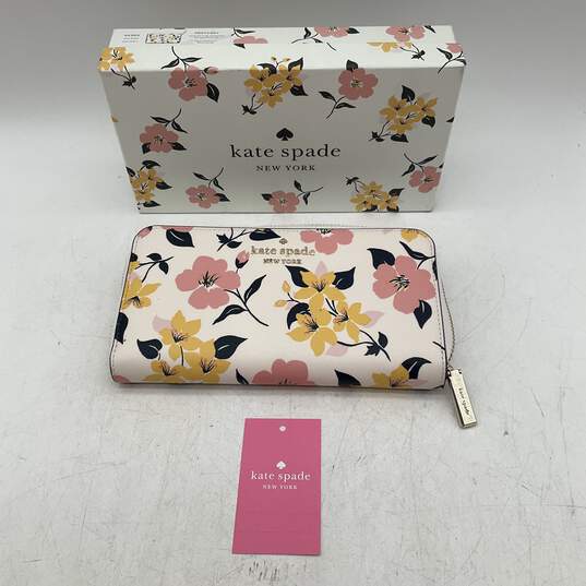 NIB Kate Spade New York Outlet Cream Multi Lily Blooms Zip Wallet image number 1