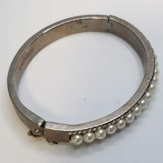 Givenchy Silver Tone Faux Pearl Crystal Hinge Bangle Bracelet 29.1g DAMAGED image number 5