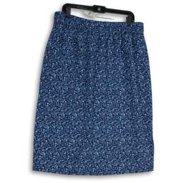 Womens Navy Blue Floral Elastic Waist Pull-On Knee Length A-Line Skirt Size L