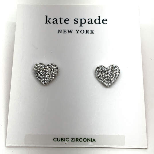 Designer Kate Spade Silver-Tone Rhinestone Heart Stud Earrings w/ Dust Bag image number 2