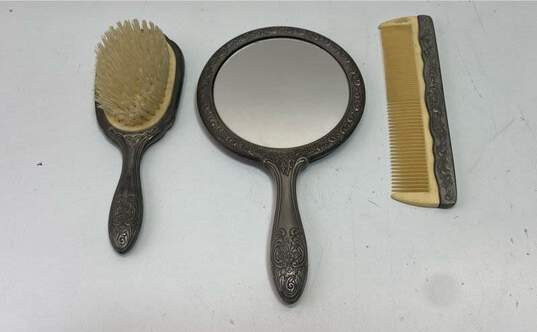 Decorative Vintage Silver Plate Brush, Mirror and Comb Vanity Table Top Décor image number 3