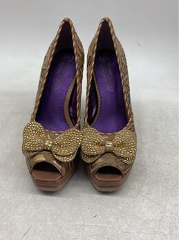 Poelic Licence Brown Peep Toe Pumps with Gold Bow Accent, Purple Lining, Size