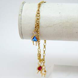 10K Yellow Gold Blue & Red Glass Children Charms Double Link Chain Bracelet 2.4g alternative image