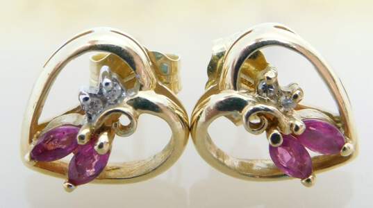 14k Yellow Gold Ruby & Diamond Accent Open Heart Post Back Earrings 2.3g image number 4