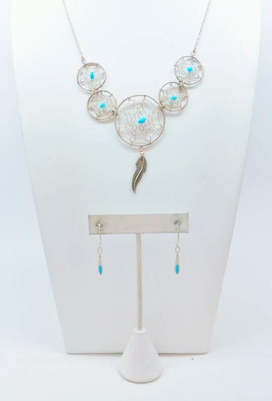 Southwestern Artisan 925 Sterling Silver Turquoise Drop Earrings & Dreamcatcher Pendant Necklace 10.3g image number 1