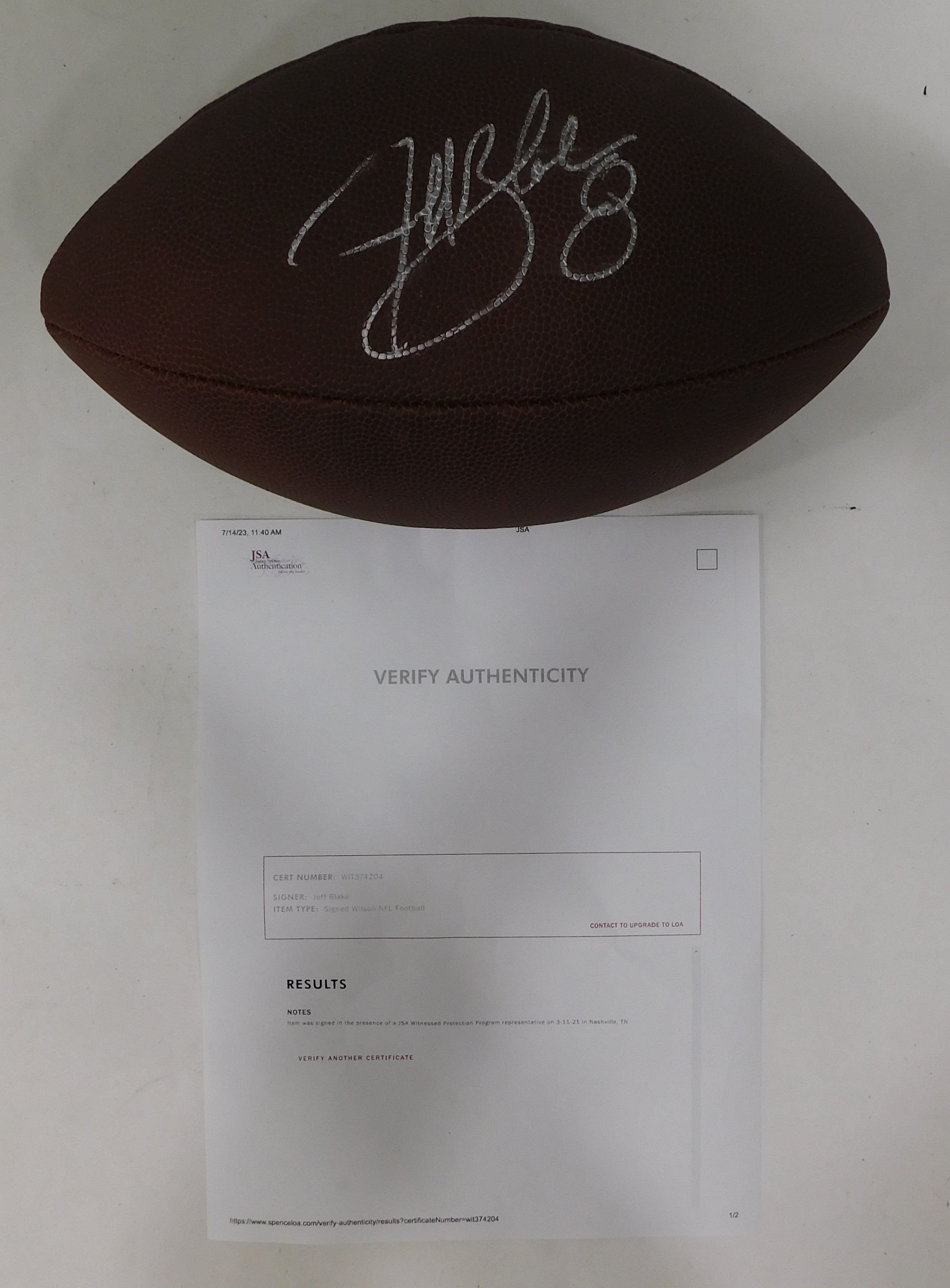 Jeff Blake Autographed Football (cincinnati Bengals) - Jsa Coa!