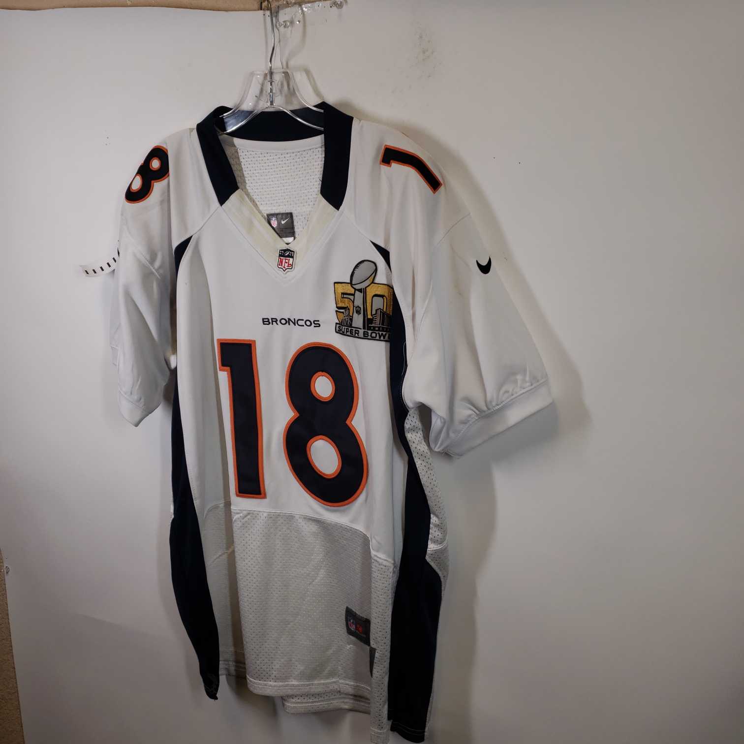 Buy the Mens Denver Broncos Peyton Manning 18 NFL Team On Field Jersey Size  48