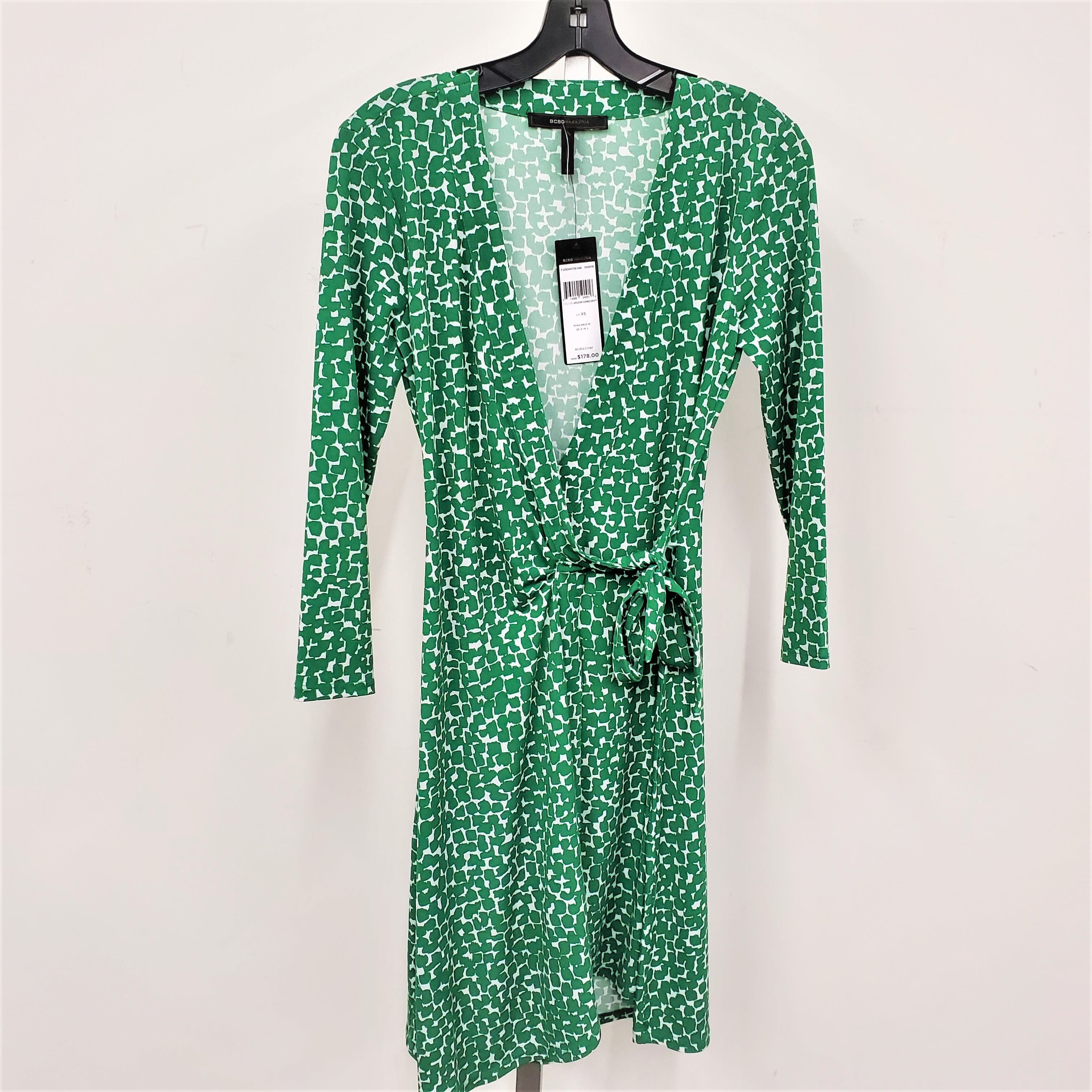 Buy the BCBGMaxazria NWT Amazon Green White Spotted Wrap Dress