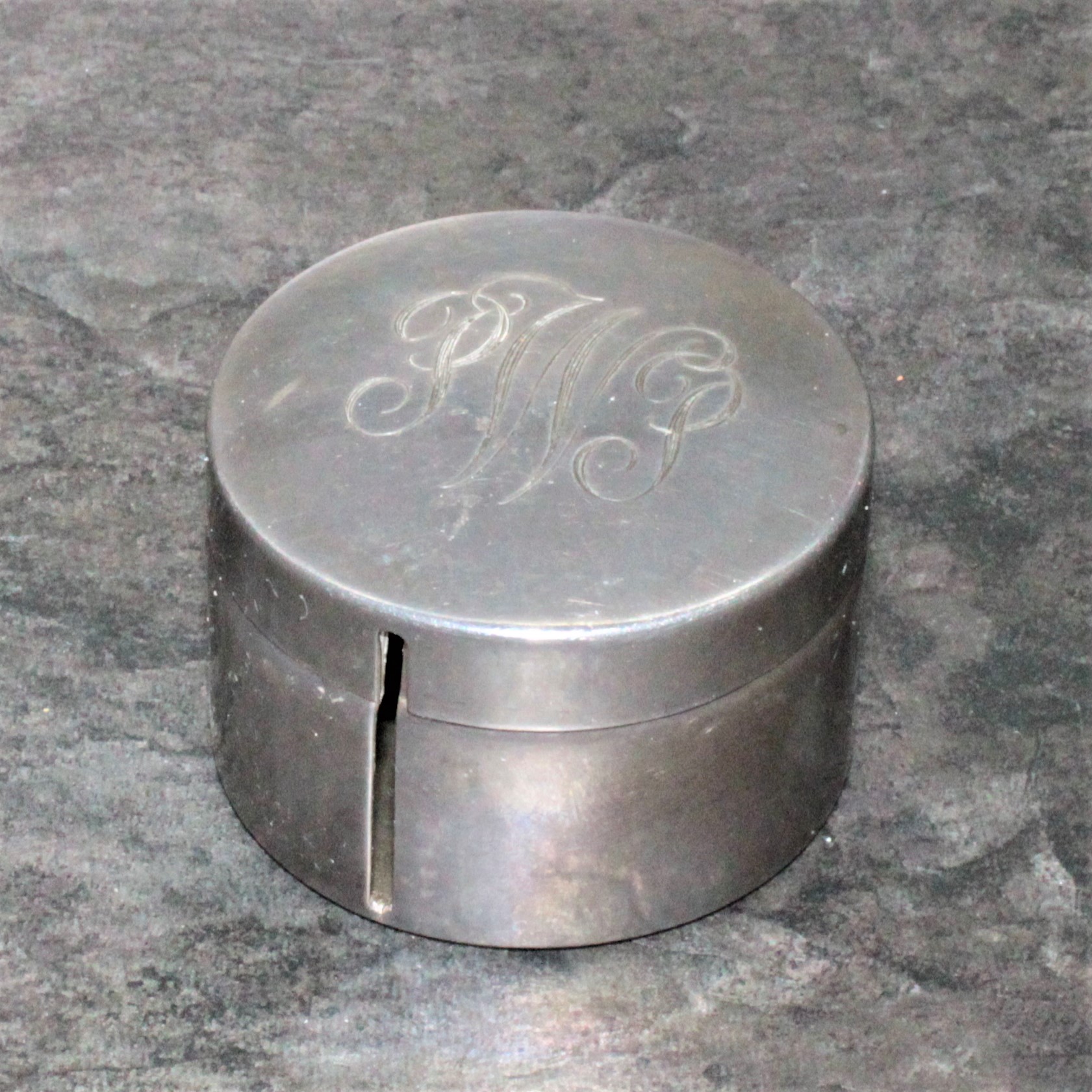 Buy the Vintage Sterling Silver Monogramed Round Stamp Dispenser Box