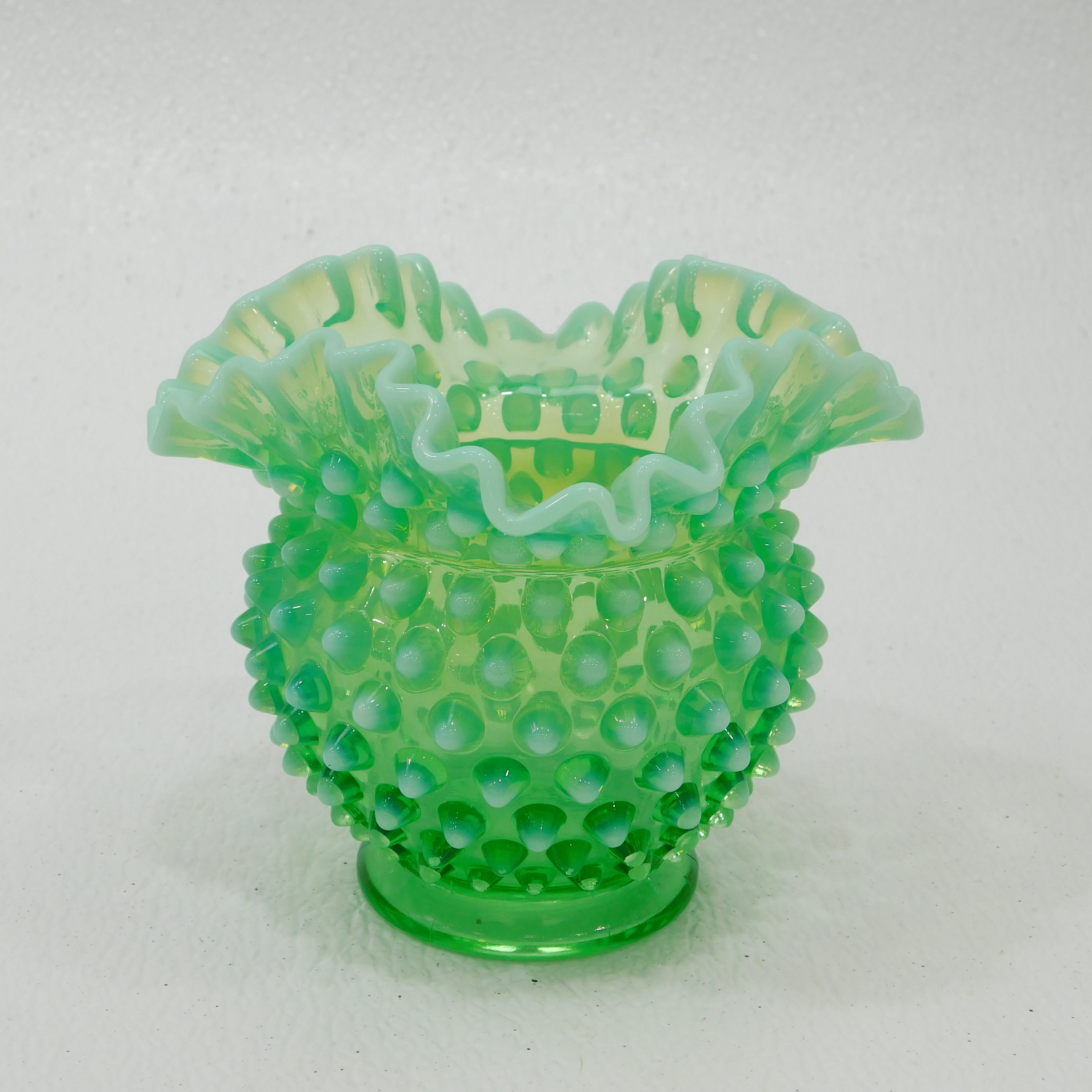 Buy the VTG Possibly Fenton Green Ombre Uranium Glass Hobnail Ruffled ...