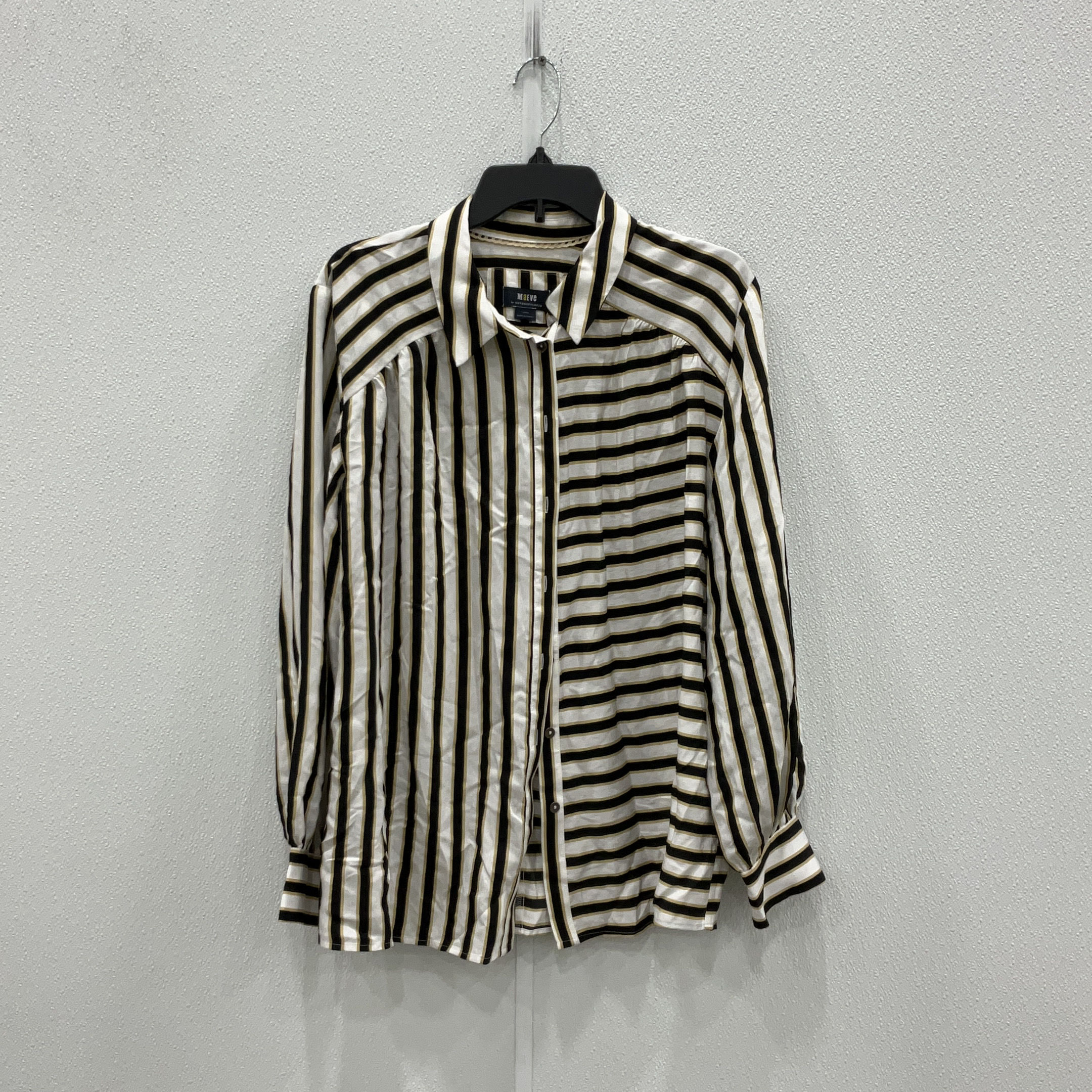 Buy the Womens Black White Striped Long Sleeve Collared Button-Up Shirt ...