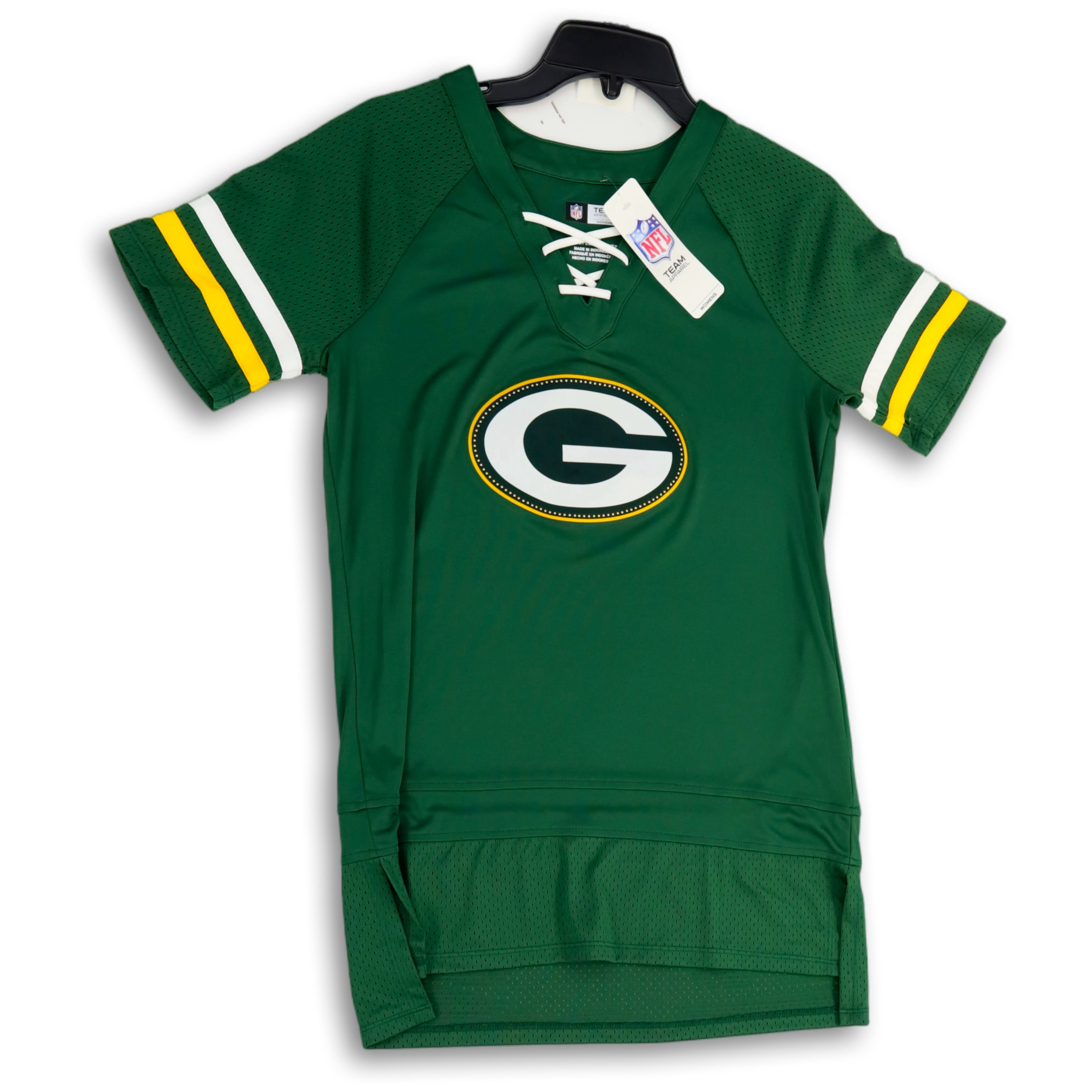 Buy the NWT Womens Green NFL Green Bay Packers Short Sleeve Football Jersey  Size M