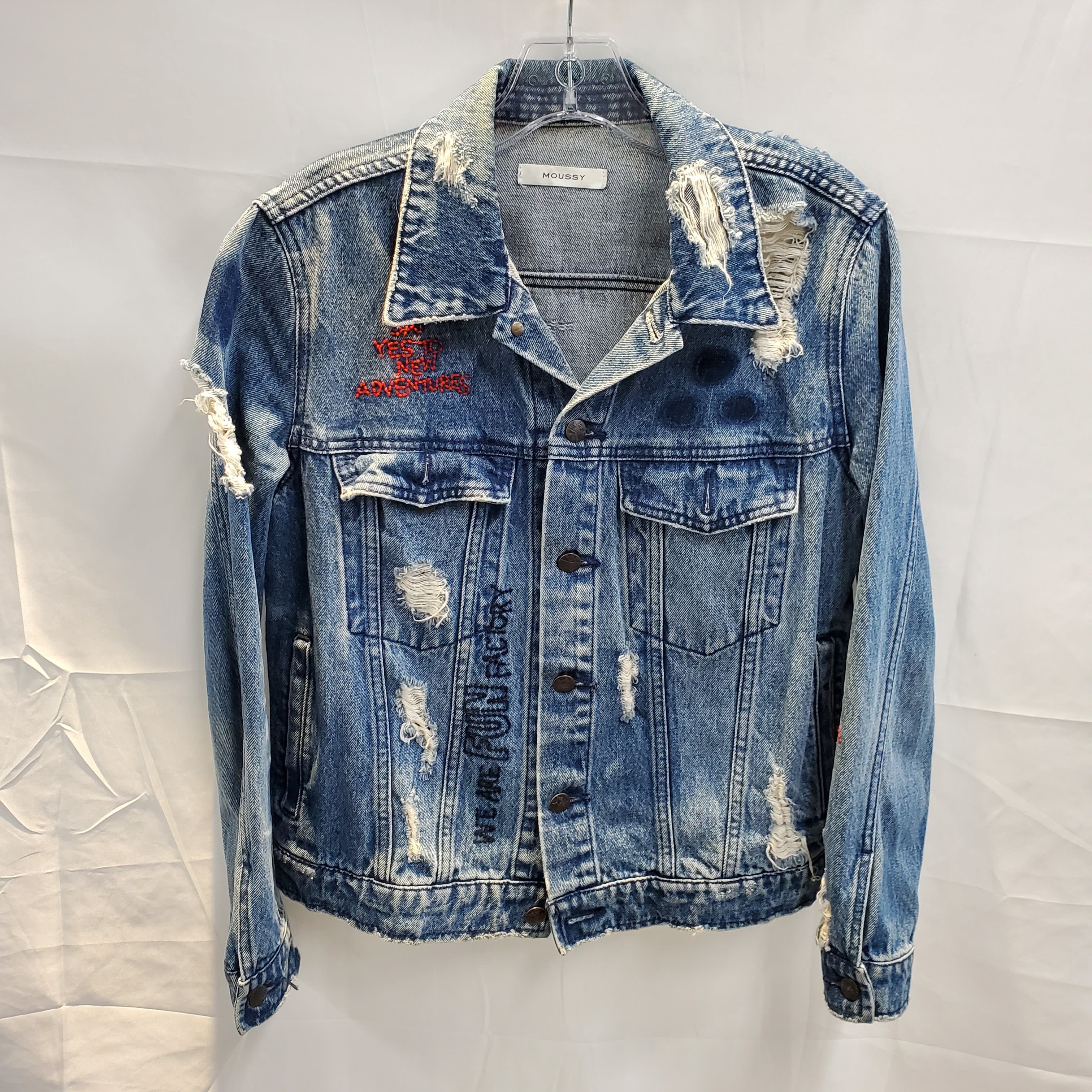 Buy the Moussy Distressed Button Up Jean Jacket No Size