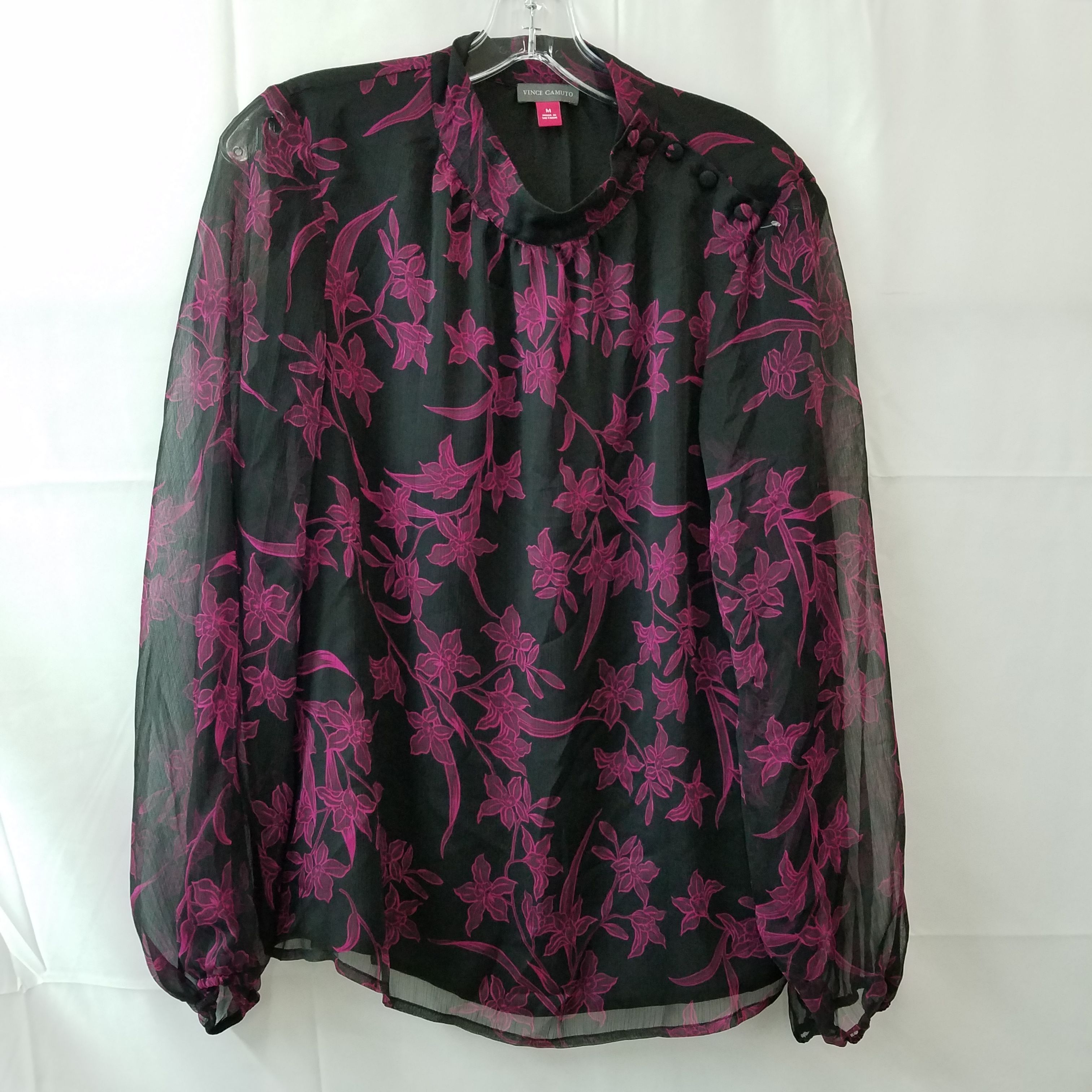 Buy Vince Camuto Floral Pattern Blouse Mock Neck Sheer Sleeve Black Pink  Size M for USD 34.99 | GoodwillFinds