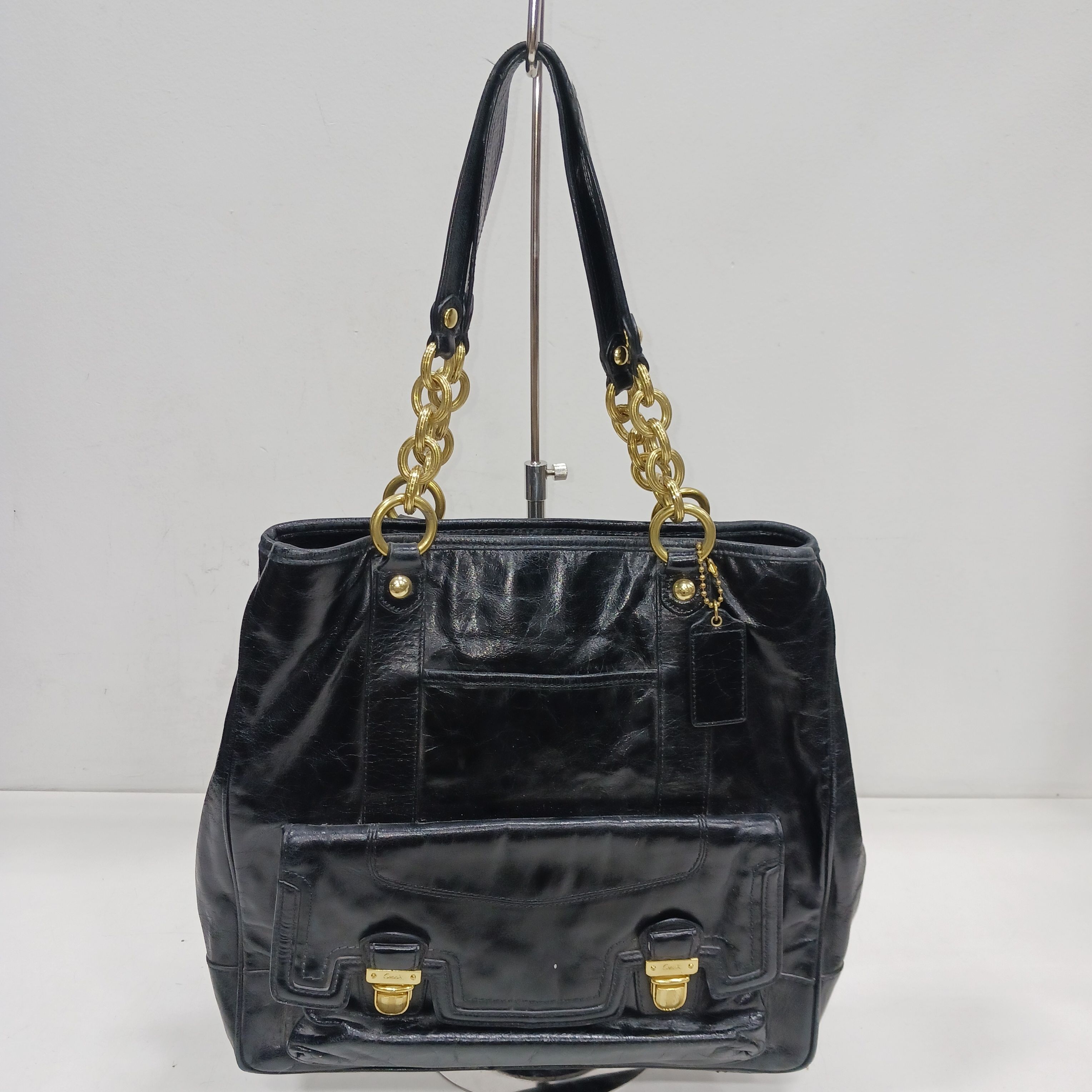 Buy the Coach Poppy Camelia Black Leather North South Tote Purse ...