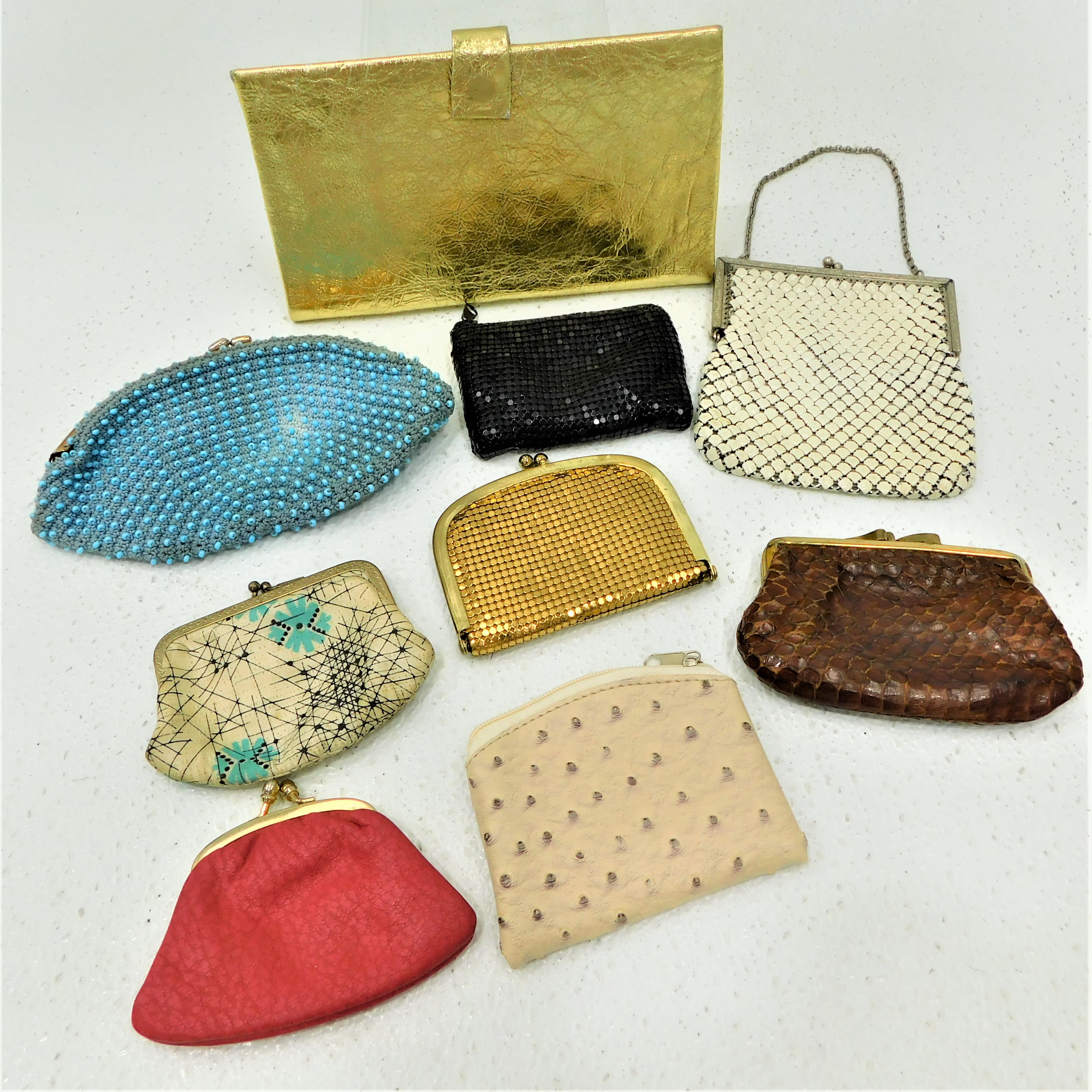 Buy the Vintage Coin Purses Kiss Lock Clasp Beaded Gold Mesh Leather ...