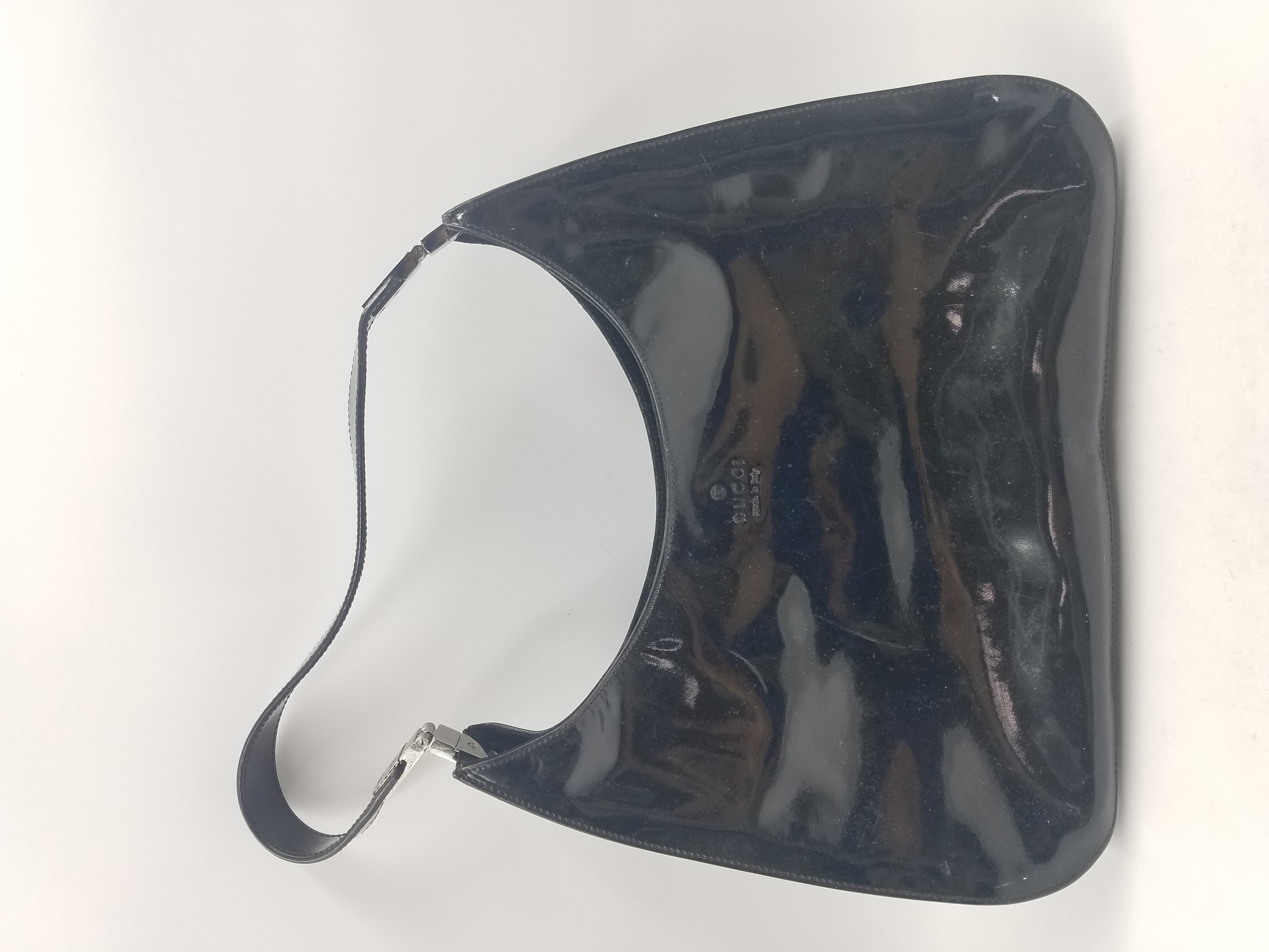 Buy the Gucci Black Patent Crescent Shoulder Bag COA