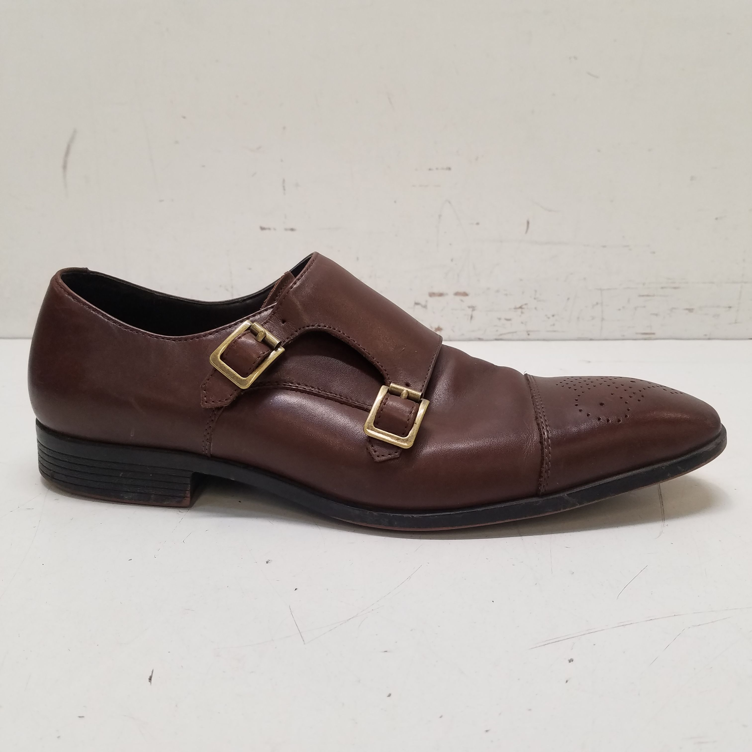 Buy the Saks Fifth Avenue Leather Monk Strap Shoes Brown 11.5 ...