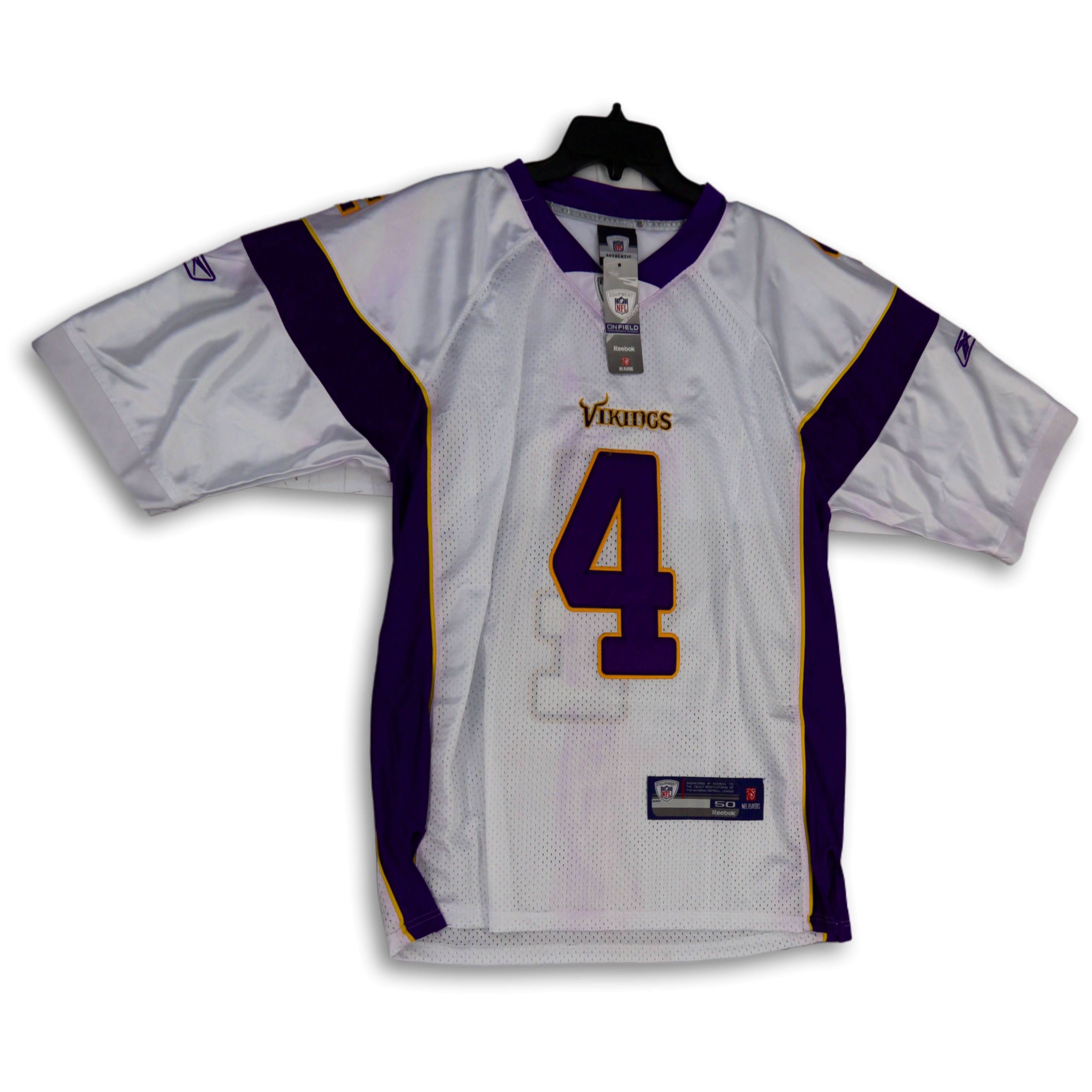 Buy the NWT Mens White Blue Minnesota Vikings Brett Favre #4 Football Jersey  Sz 50