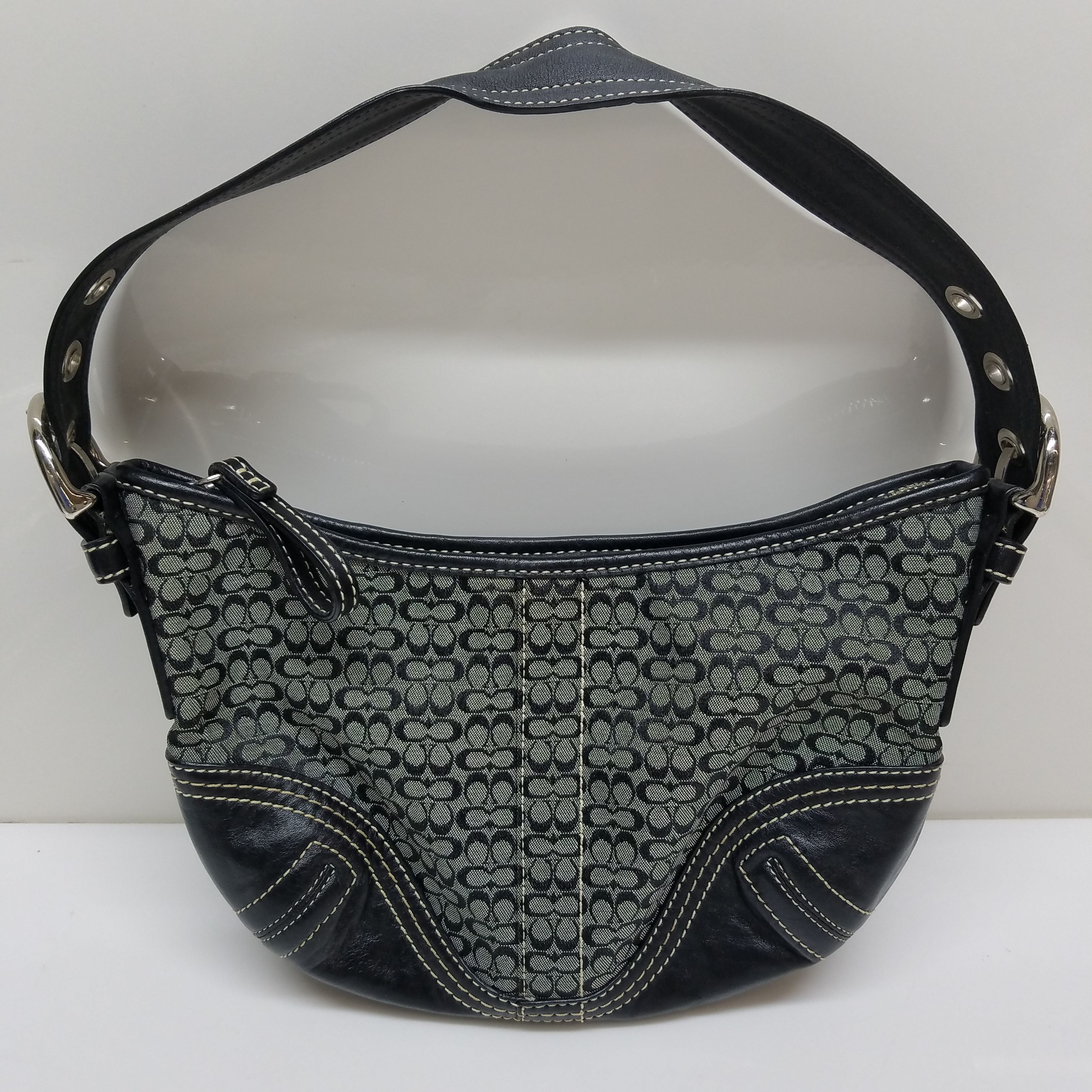 Buy the Coach top handle handbag gray and black monogram print ...