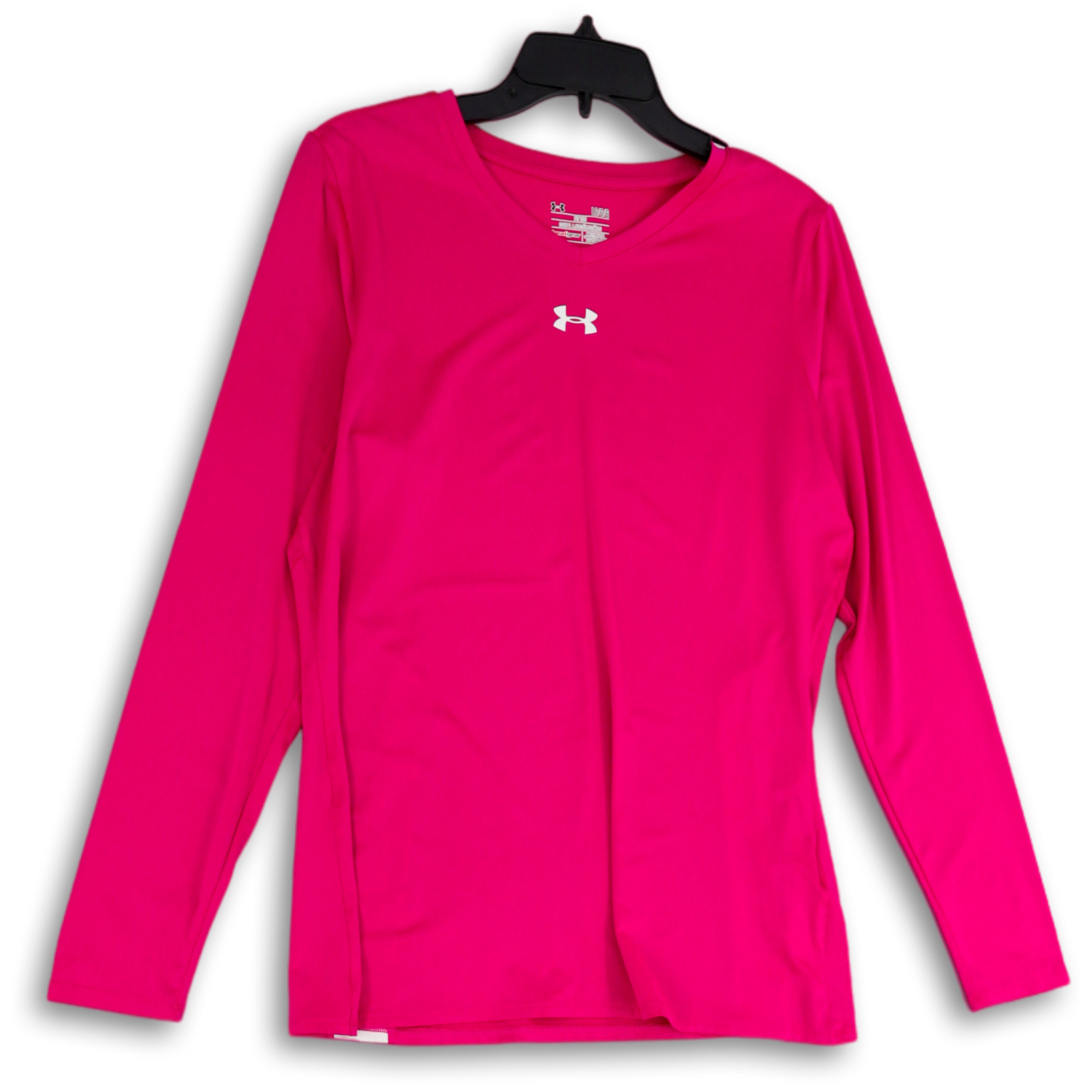 Buy the Womens Pink V-Neck Long Sleeve Heatgear Logo Pullover T