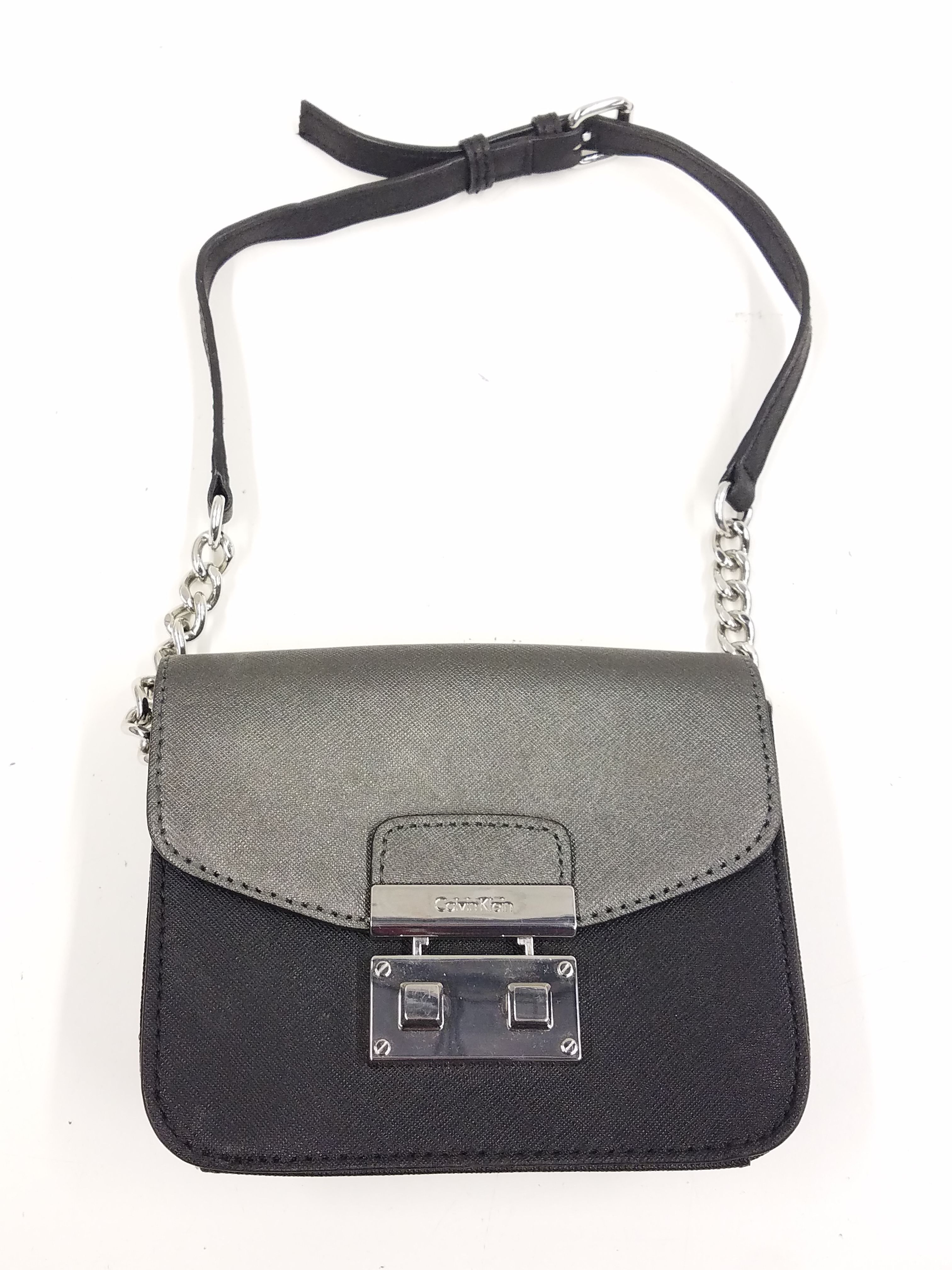 Buy the Calvin Klein Saffiano Leather Mini Push Lock Crossbody