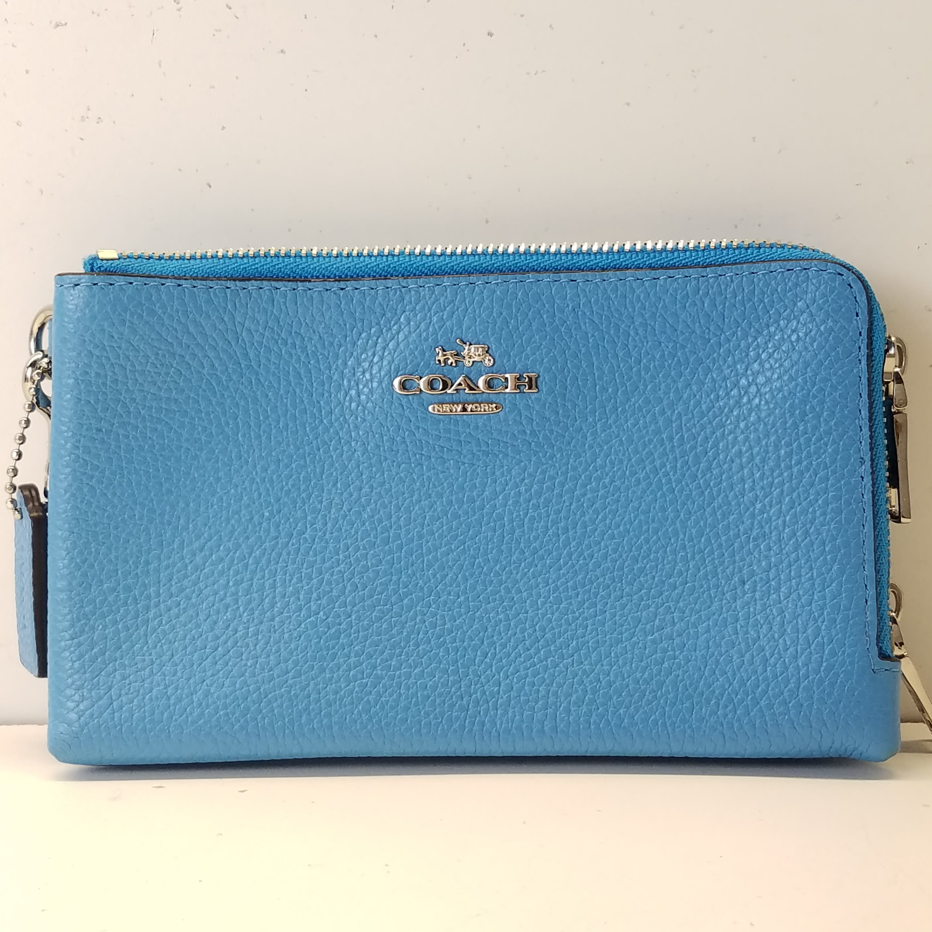 Buy the COACH 6649 Blue Pebble Leather Double Corner Zip Wristlet ...