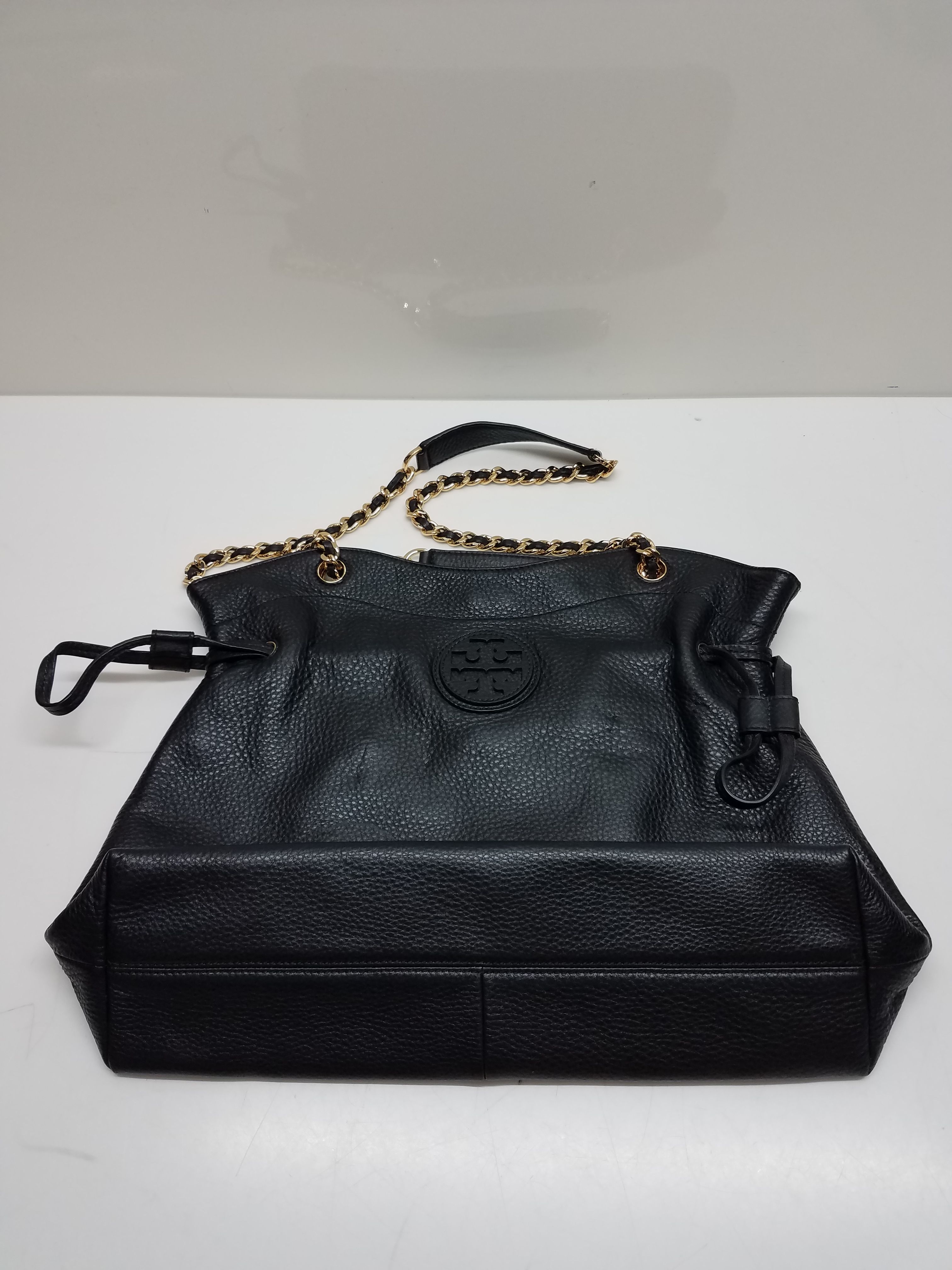 Tory Burch Marion Slouchy Tote Leather Bag Chain/ Woven Leather Strap Black