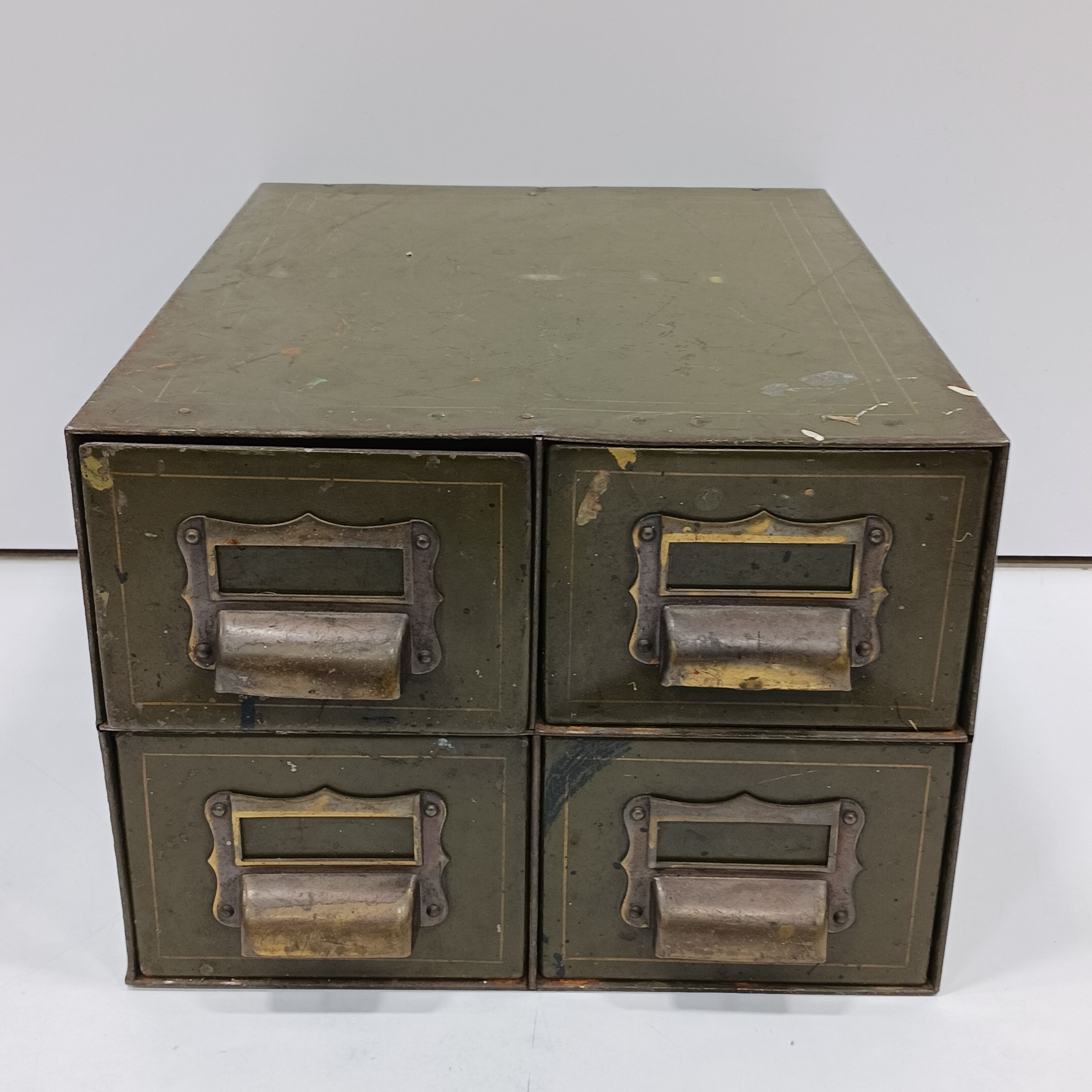 original freestanding salvaged chicago antique american four-unit stackable  filing cabinet with original dark green enameled finish