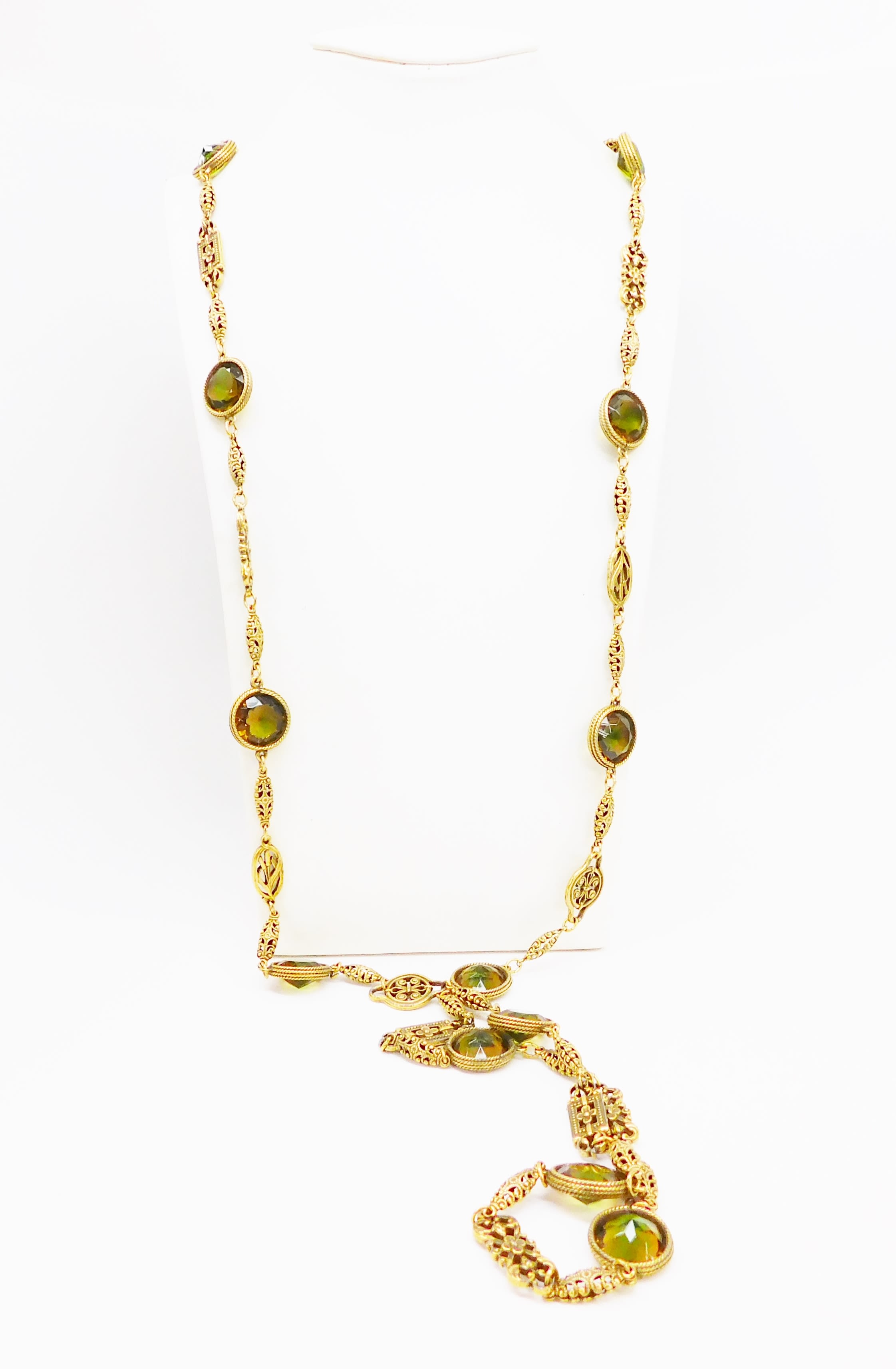 Buy Vintage Accessocraft NYC Ornate Gold Tone & Green Rhinestone Necklace  95.2g for USD 99.99 | GoodwillFinds