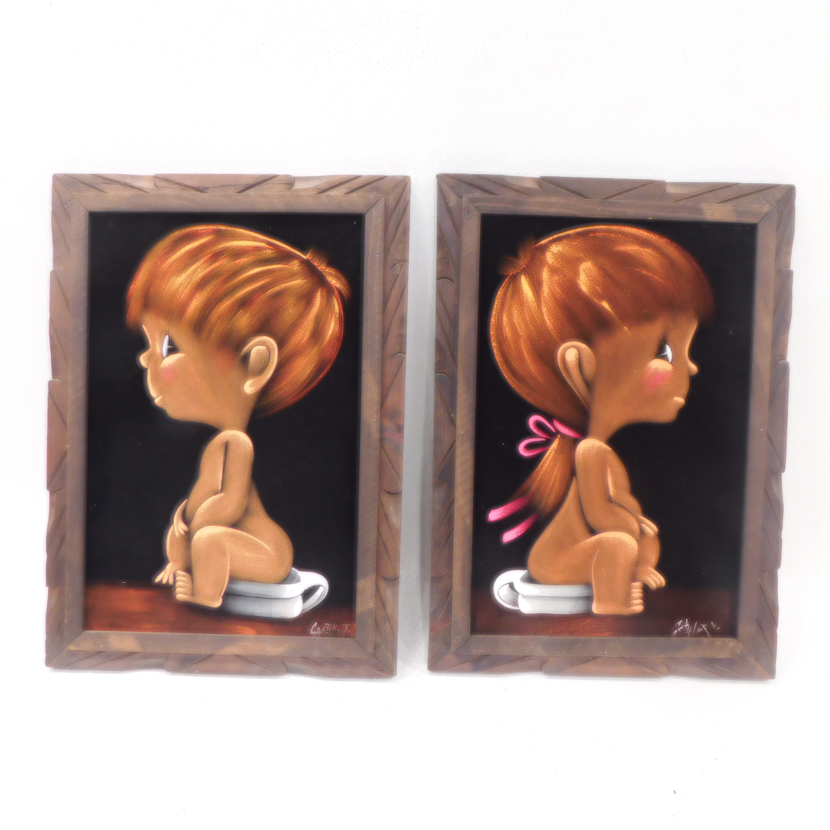 Vintage Velvet Art Boy & Girl Toilet Bathroom Potty Set of Two