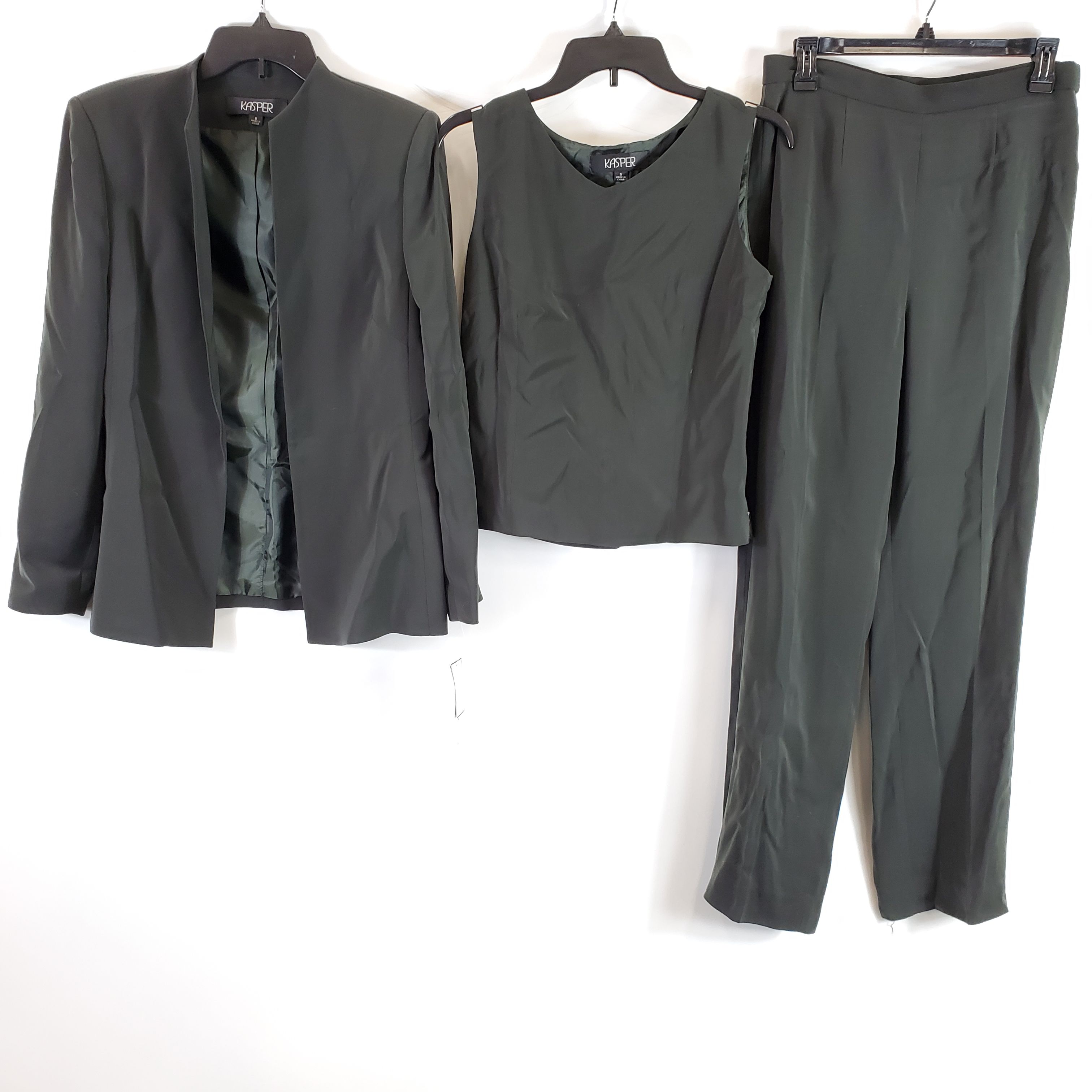 KASPER Woman’s 3 Piece Business Set JACKET Top PANT SUIT SIZE 4P Olive Green