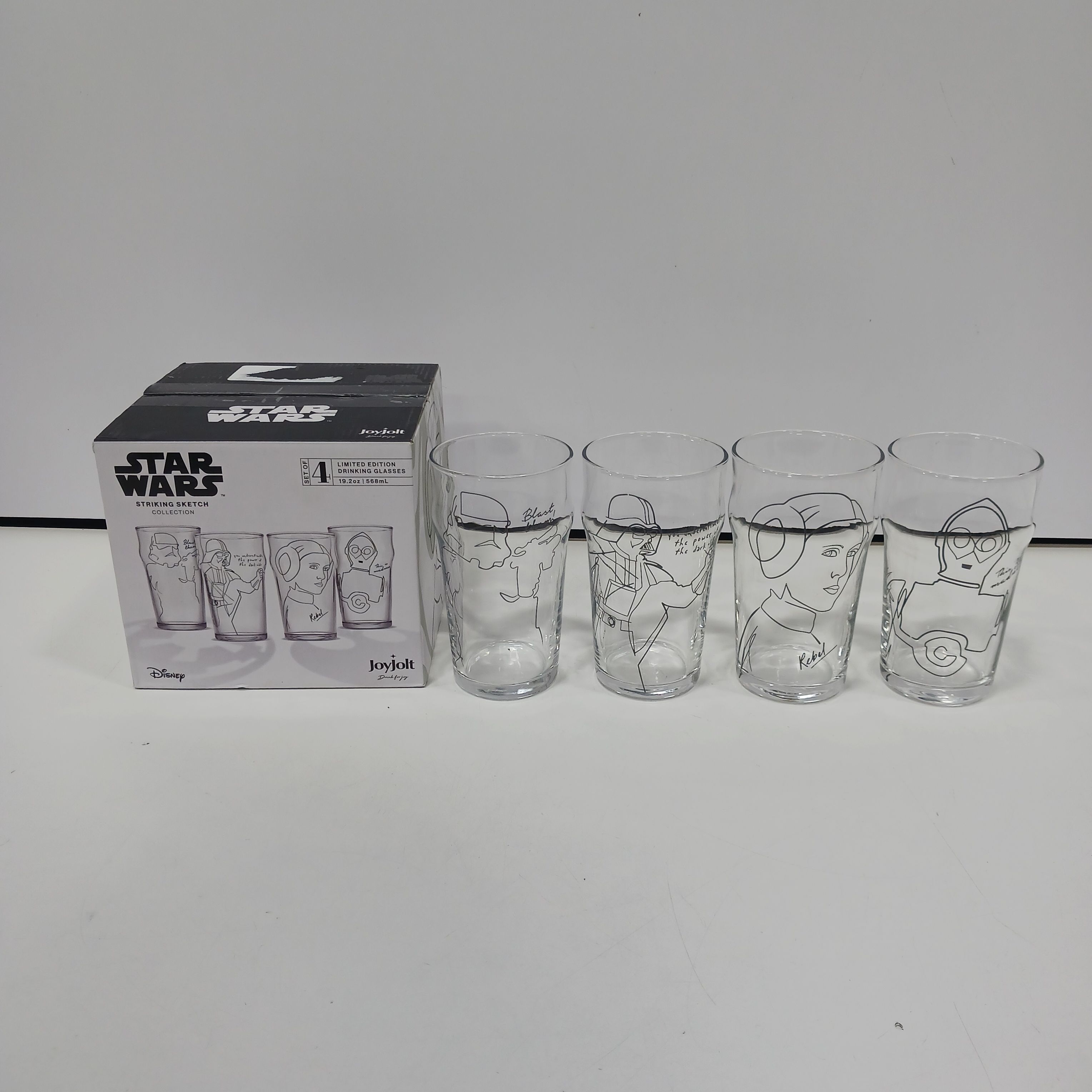 Star Wars JoyJolt Striking Sketch Glasses Darth Vader C3P0 Trooper set of 4  NIB