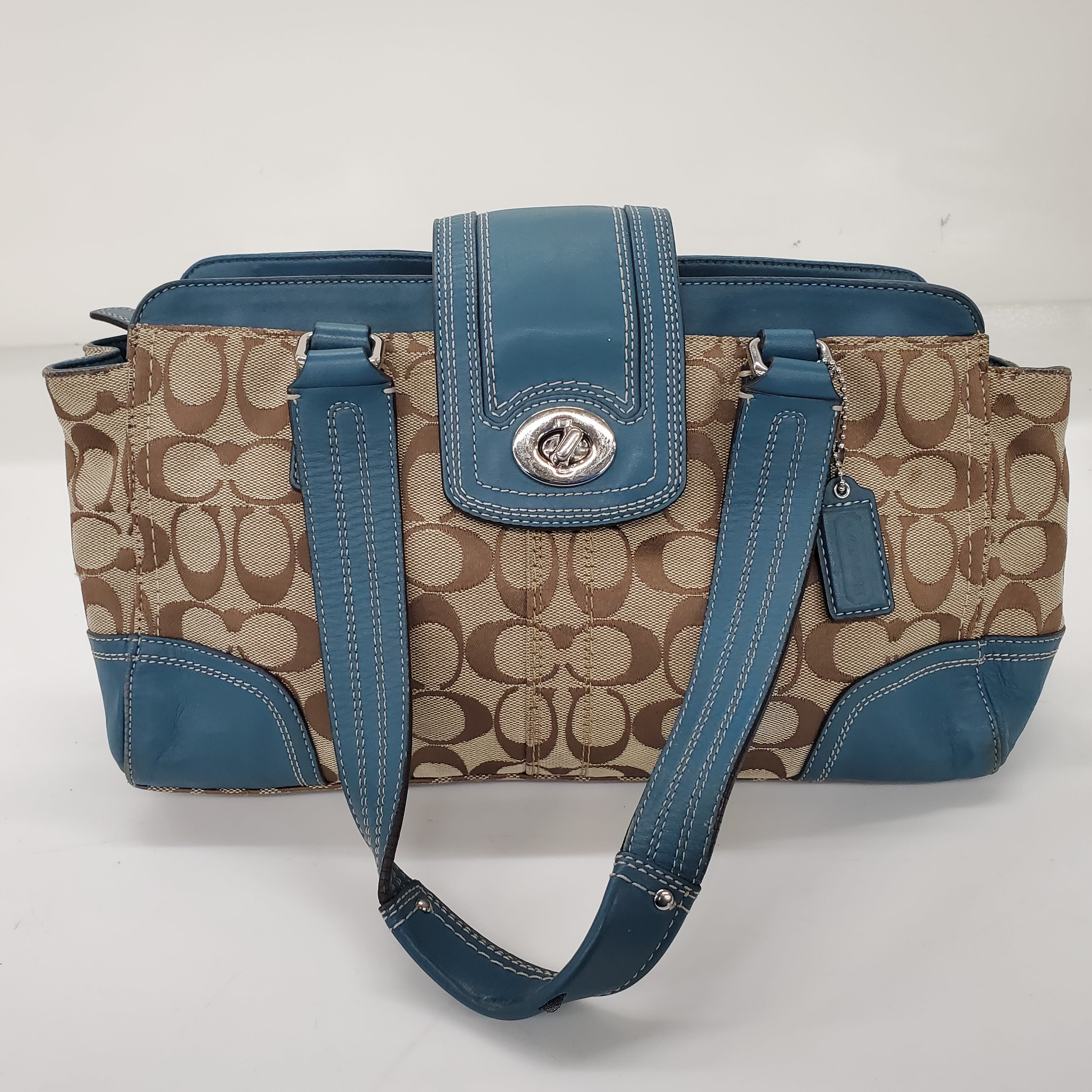 Buy the Coach Hamptons Beige Canvas Blue Leather Trim Carryall