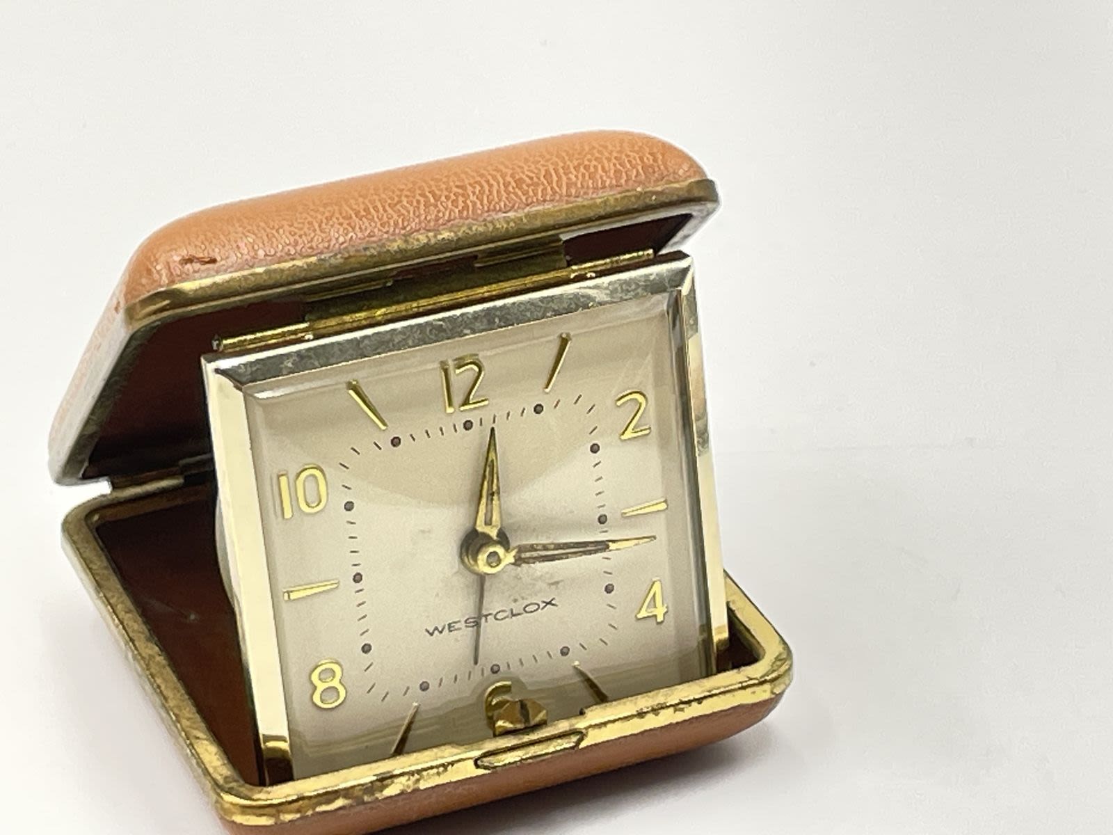 Buy the Gold Tone Touring Folding Pocket Alarm Clock In Brown Case 178g  JEWY6VWZ2-A