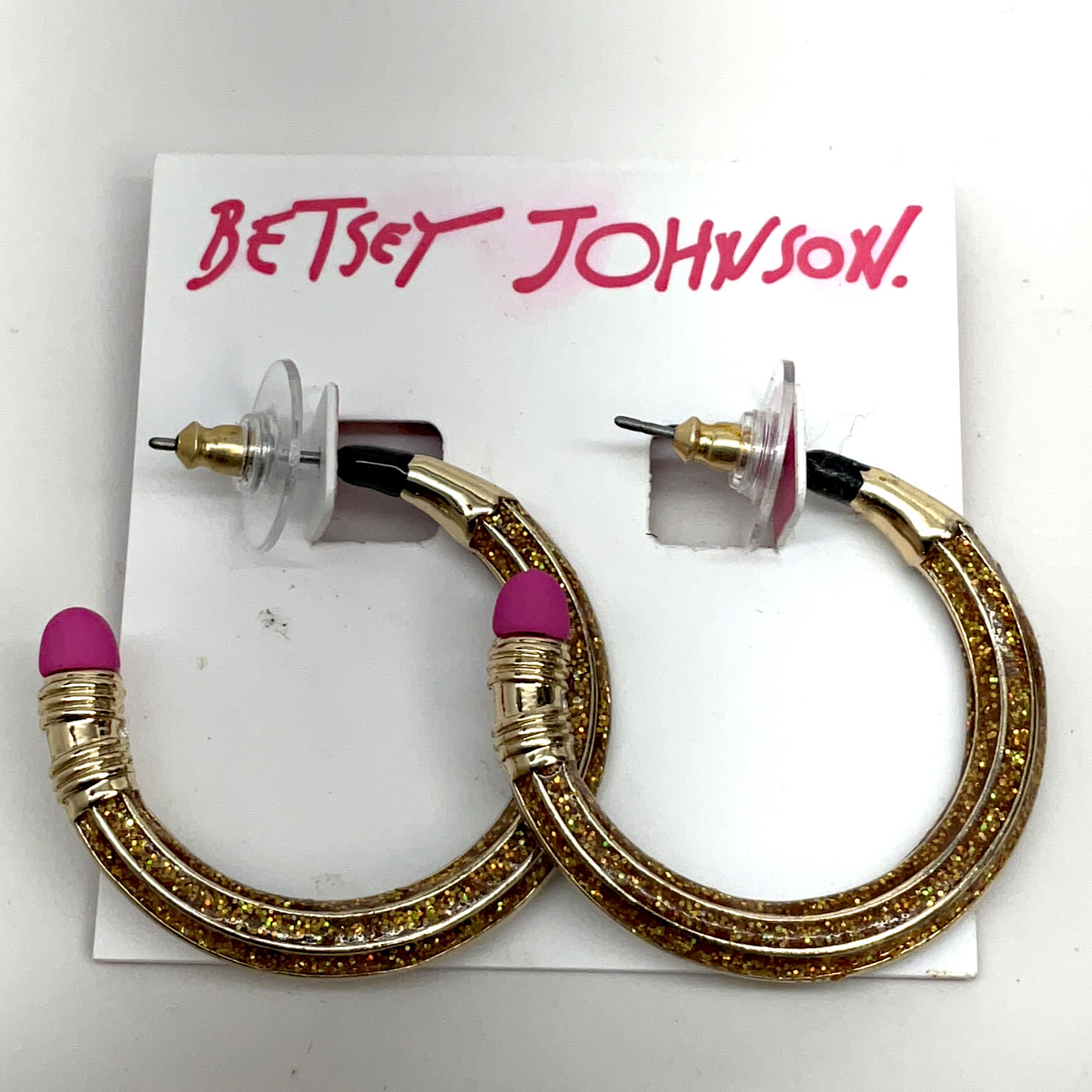 Buy Designer Betsey Johnson Gold-Tone Sparkly Pencil Eraser Hoop Earrings  for USD 40.00 | GoodwillFinds