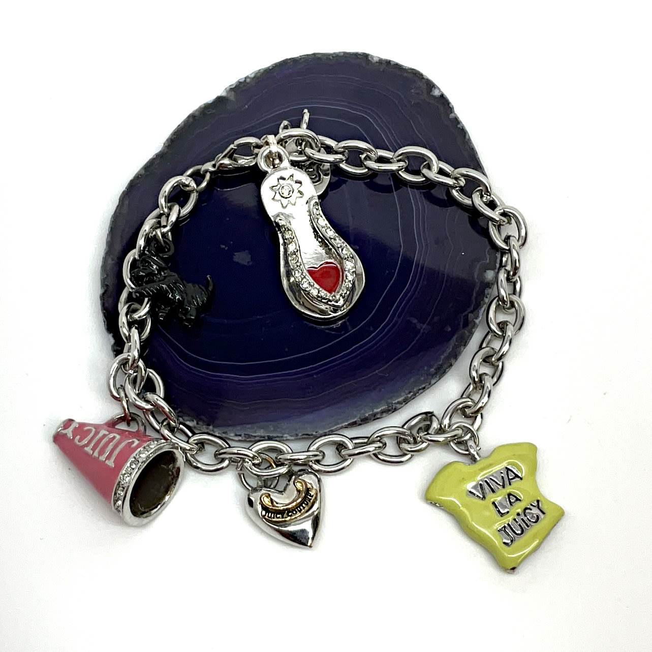 Juicy Couture, Silver Cuban Link Charm Bracelet With 2 Logo Charms
