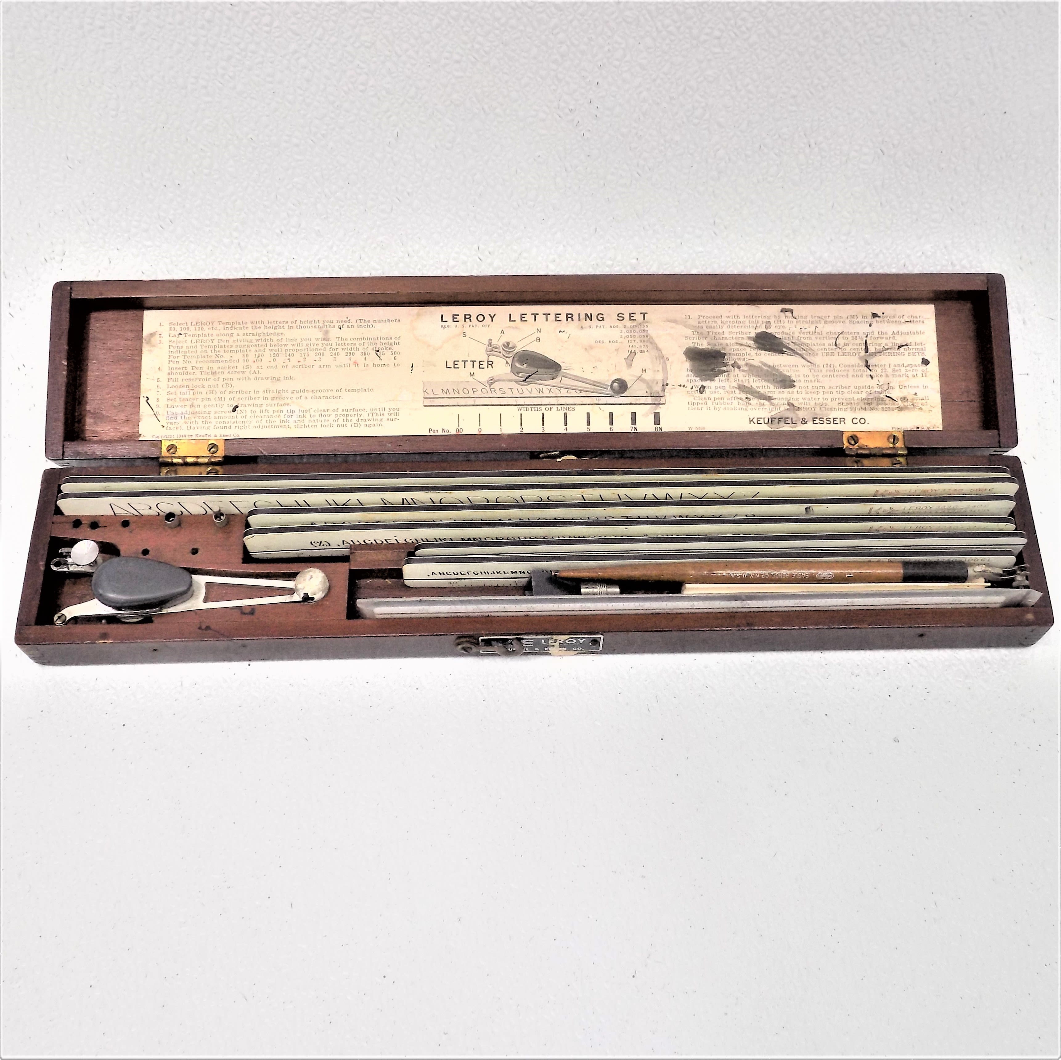 K&E LEROY Lettering Set 1950 Keuffel & Esser Drafting Kit in Wood