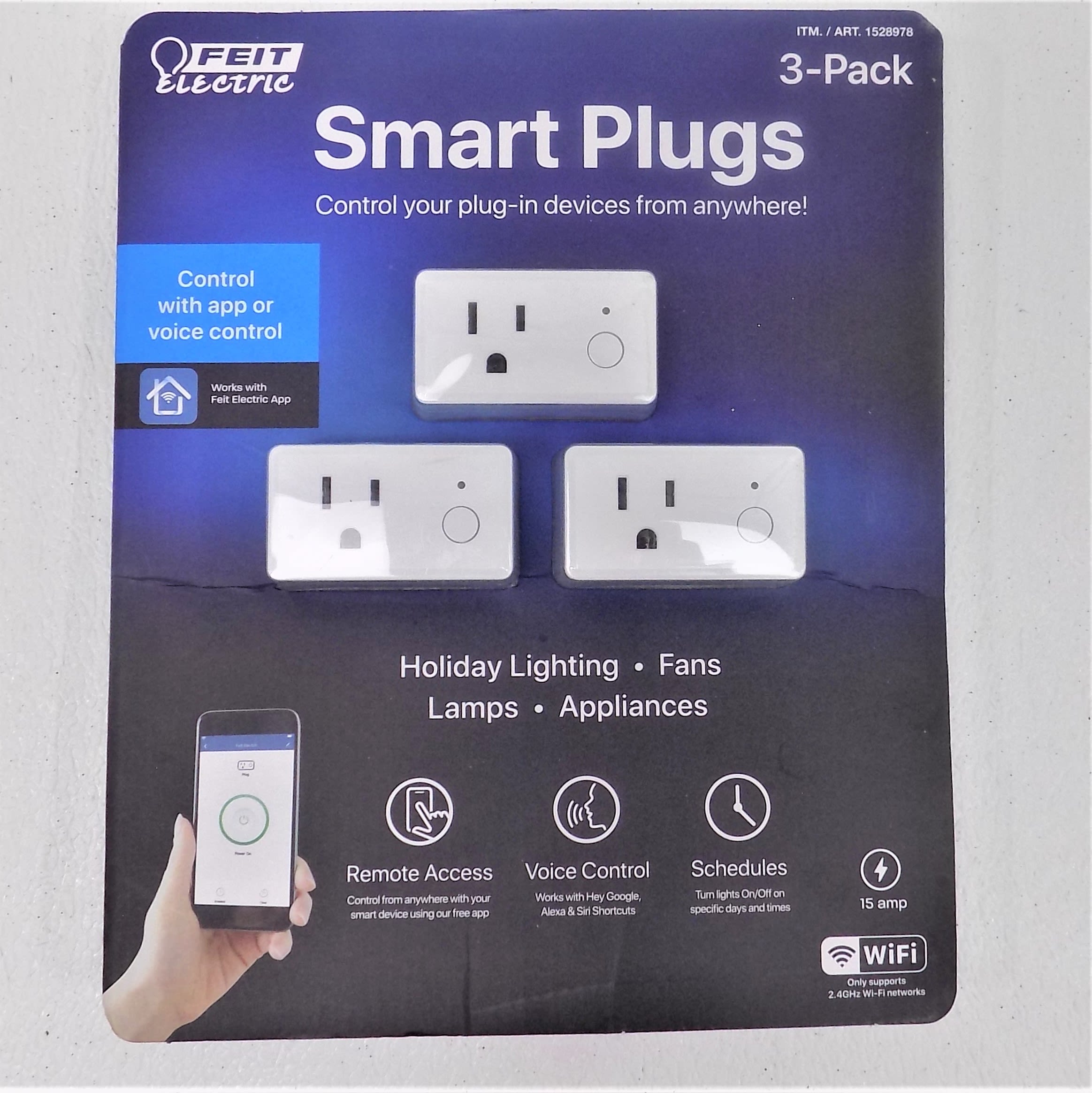 Feit Electric WiFi 15amp Remote Access Voice Control Smart Plugs 3-Pack