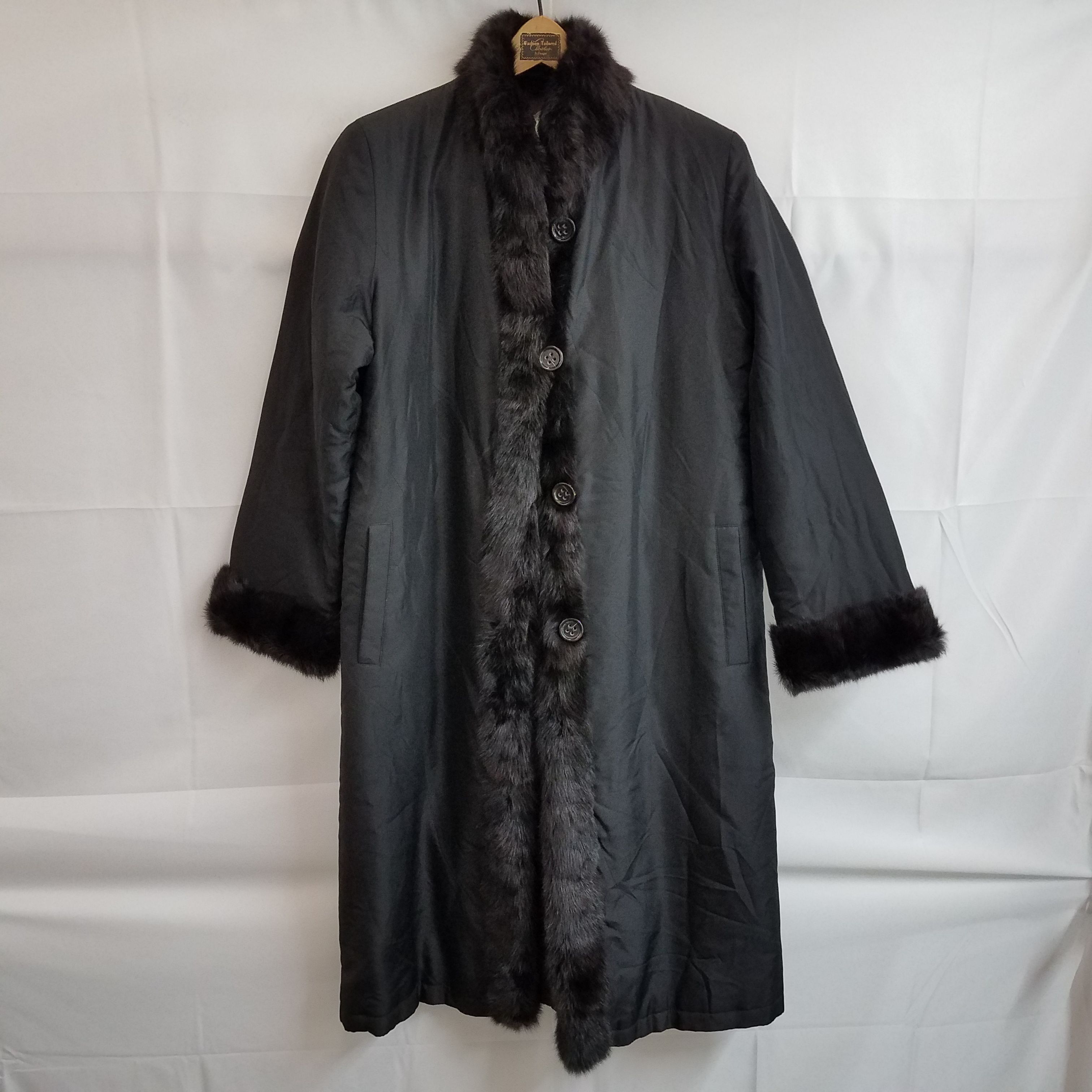 Buy the Women's long black overcoat with faux fur trim | GoodwillFinds