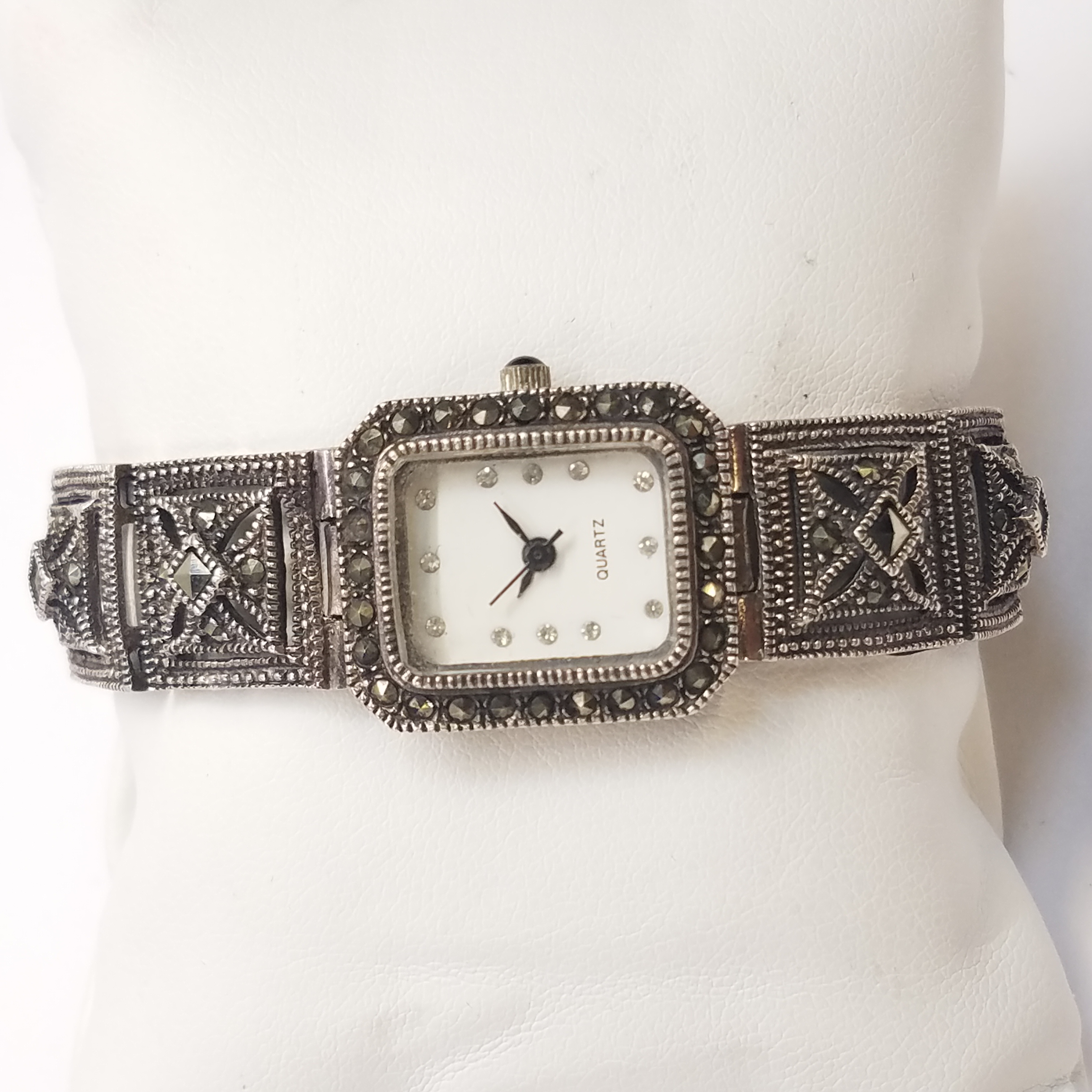 Lot - 3 MARCASITE WATCHES - 1 DATED 1955 HALLMARKED STERLING SILVER WITH  BOW MARCASITE DECORATION (2) 1960 BRACELET DOUBLE STRANDED STERLING SILVER  & AUSTRALIAN FARRER PRICE DECO WRIST WATCH VINTAGE C. 1960 17J
