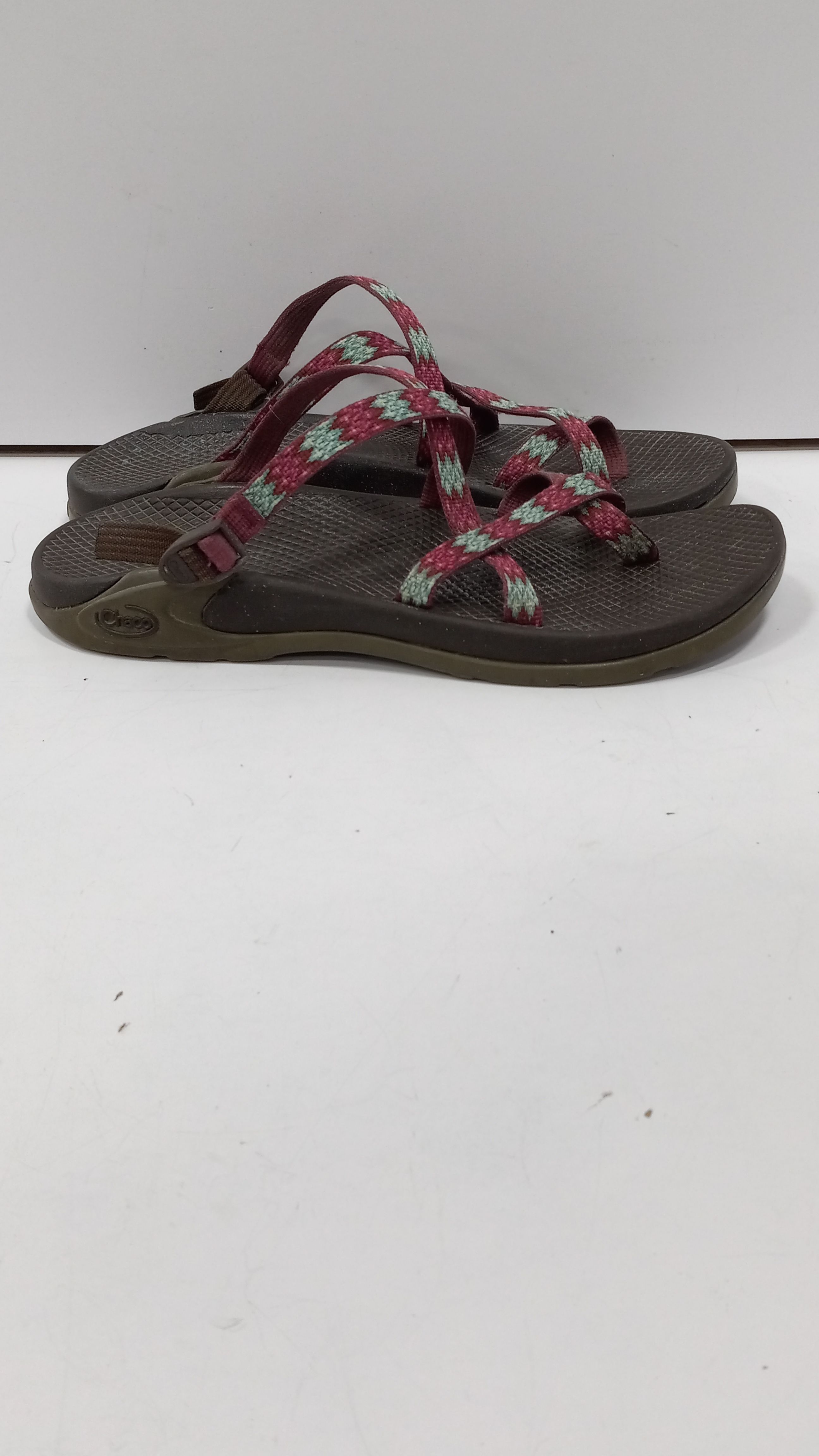 Buy the Chaco Women s Pink Green Zong Eco Tread Woven Sandals Size