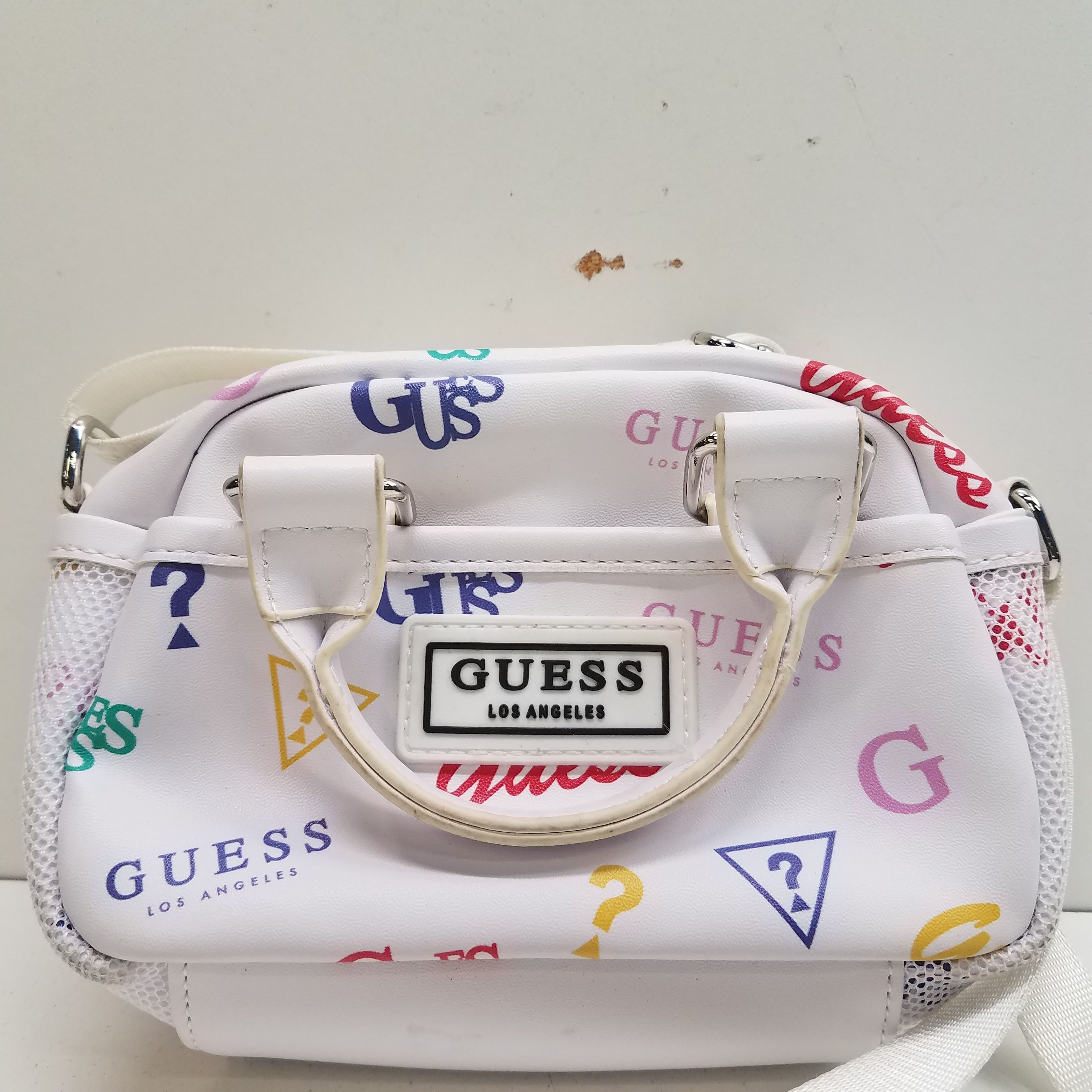 Buy the GUESS White Nylon Logo Print Small Crossbody Bag