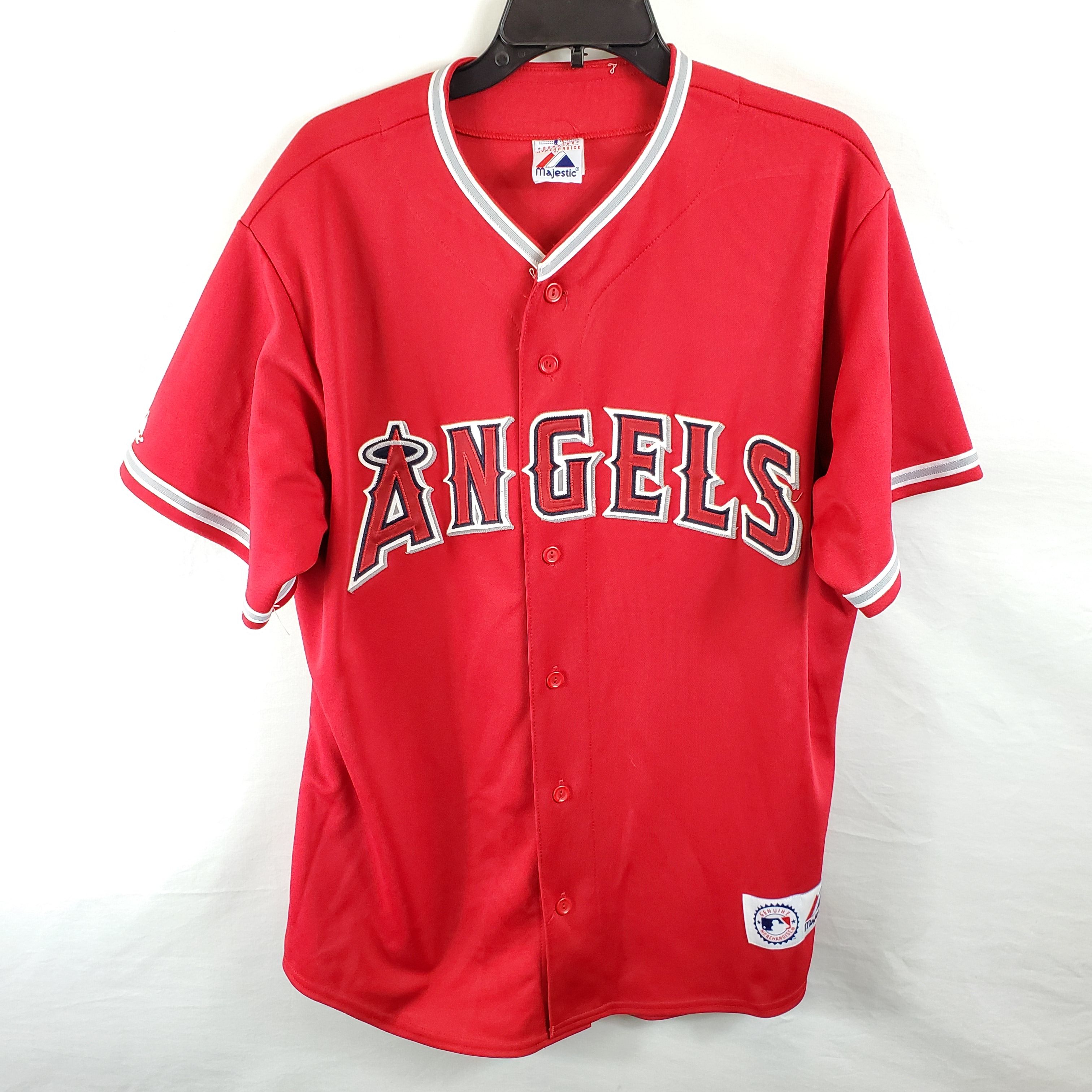 Buy the Majestic Men Red MLB LA Angels Jersey L | GoodwillFinds